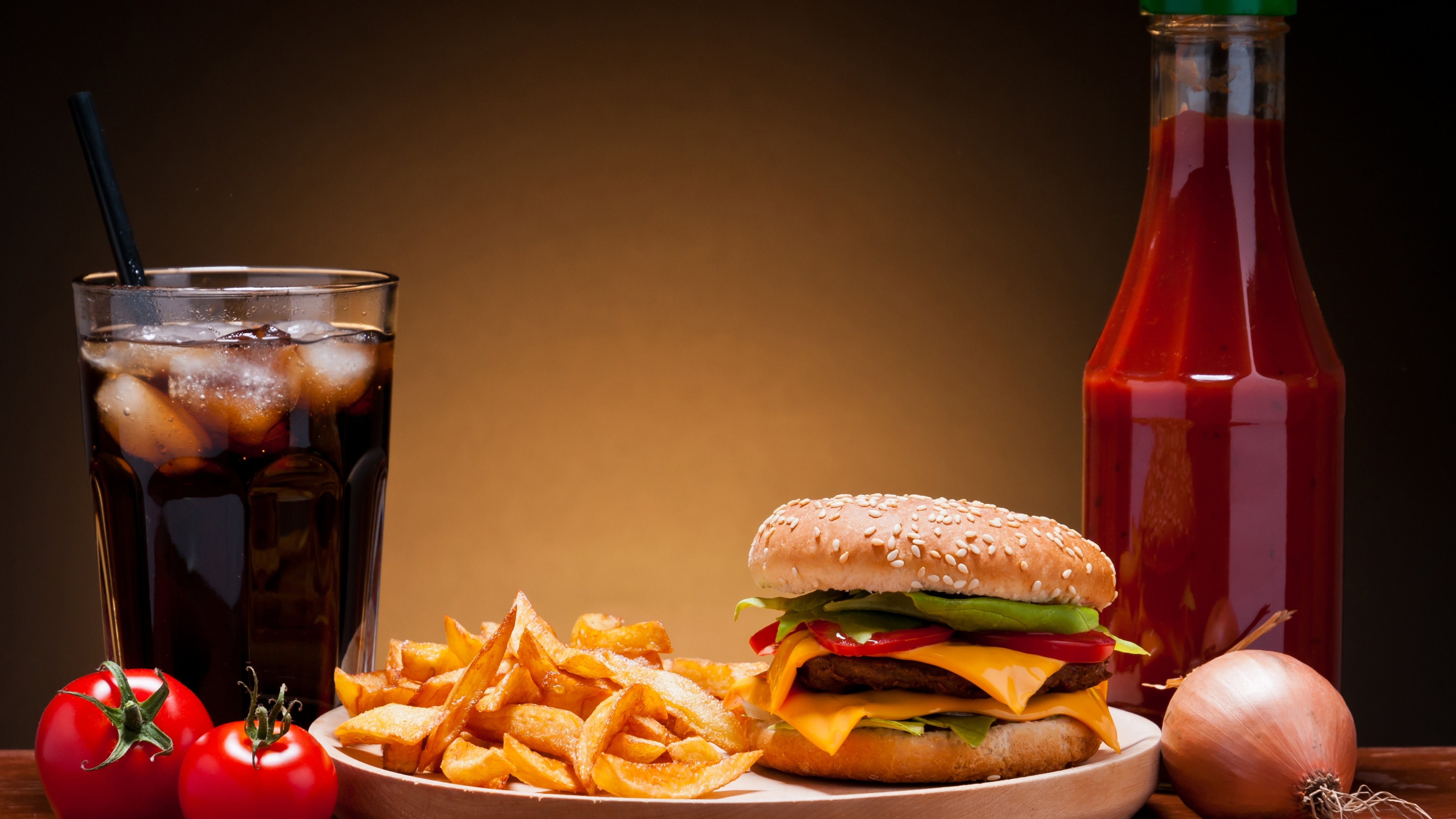 Burgers Fries Soda Food Onions Tomatoes Ketchup Lettuce Cheese 3840x2160
