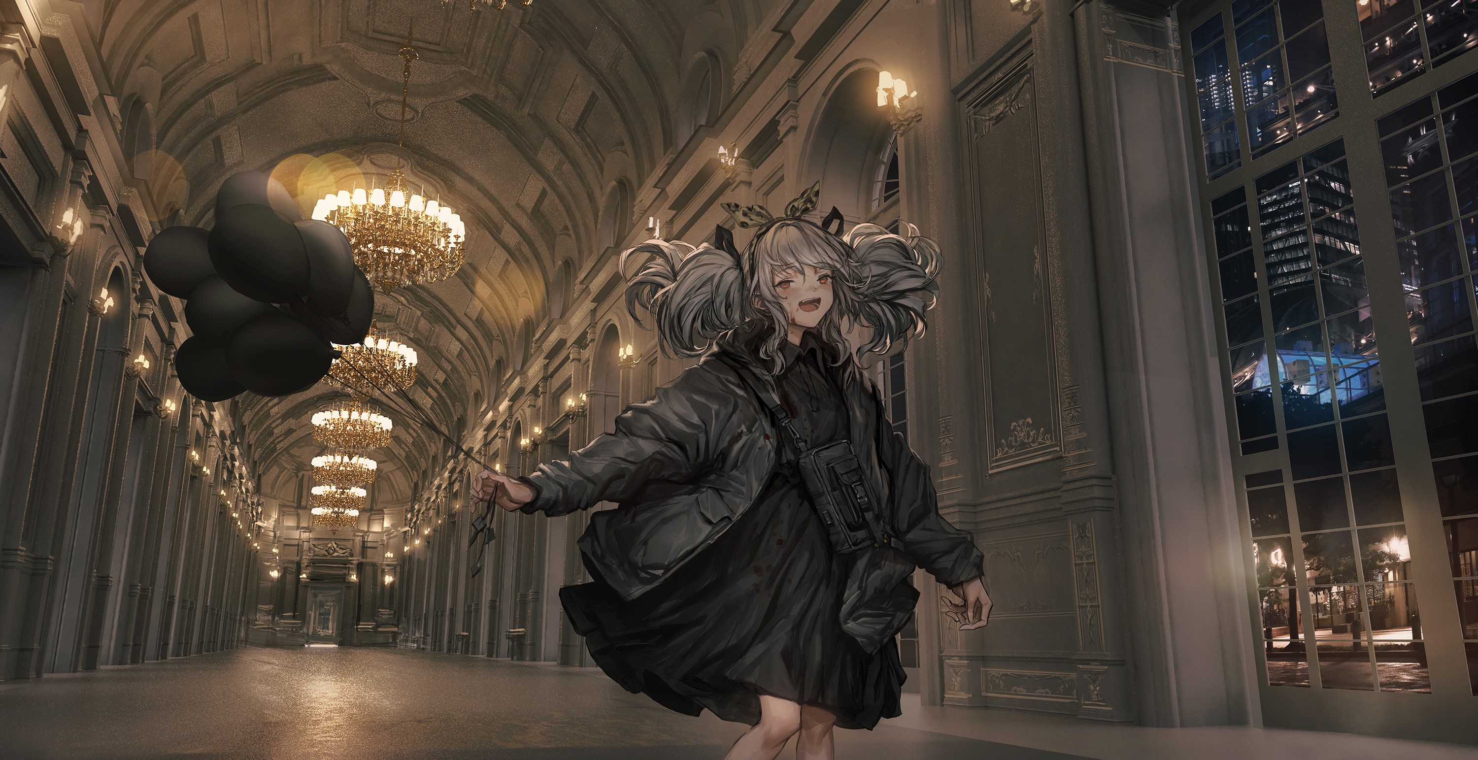 LM7 Anime Balloon Chandeliers Bokeh Architecture Candles Anime Girls Twintails Grey Hair 3000x1543