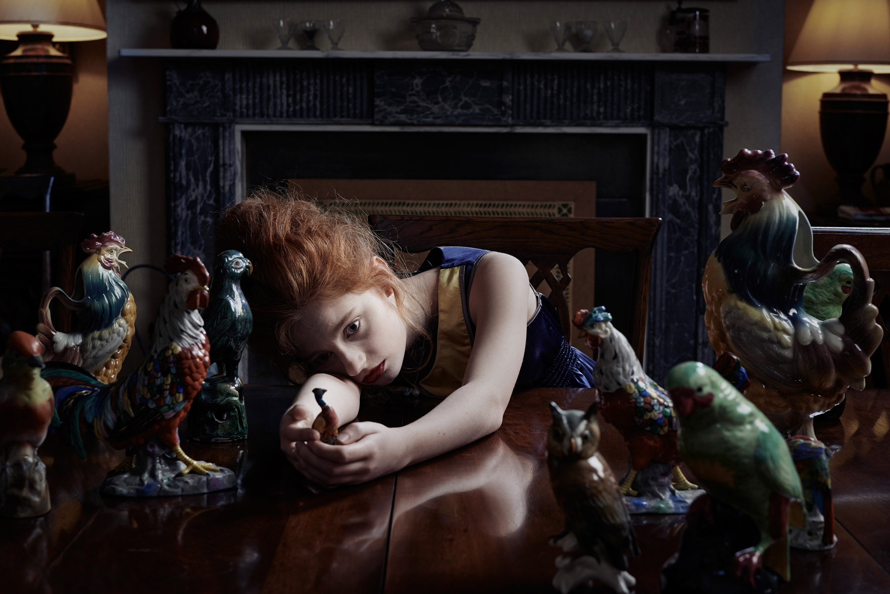 Women Model Redhead Long Hair Rooster Birds Table Blue Dress 1800x1201