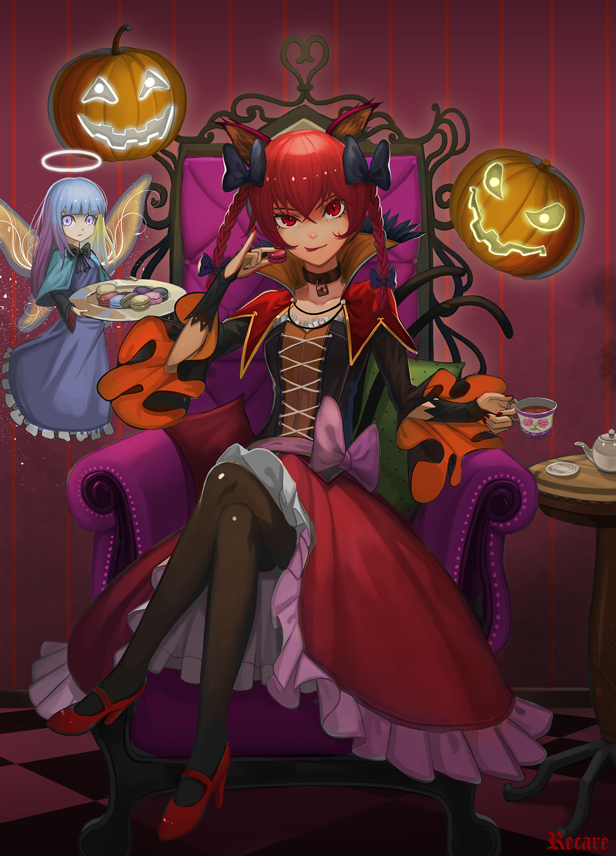 Anime Anime Girls Kaenbyou Rin Touhou Long Hair Redhead Red Eyes Animal Ears Halloween Candy 1240x1721