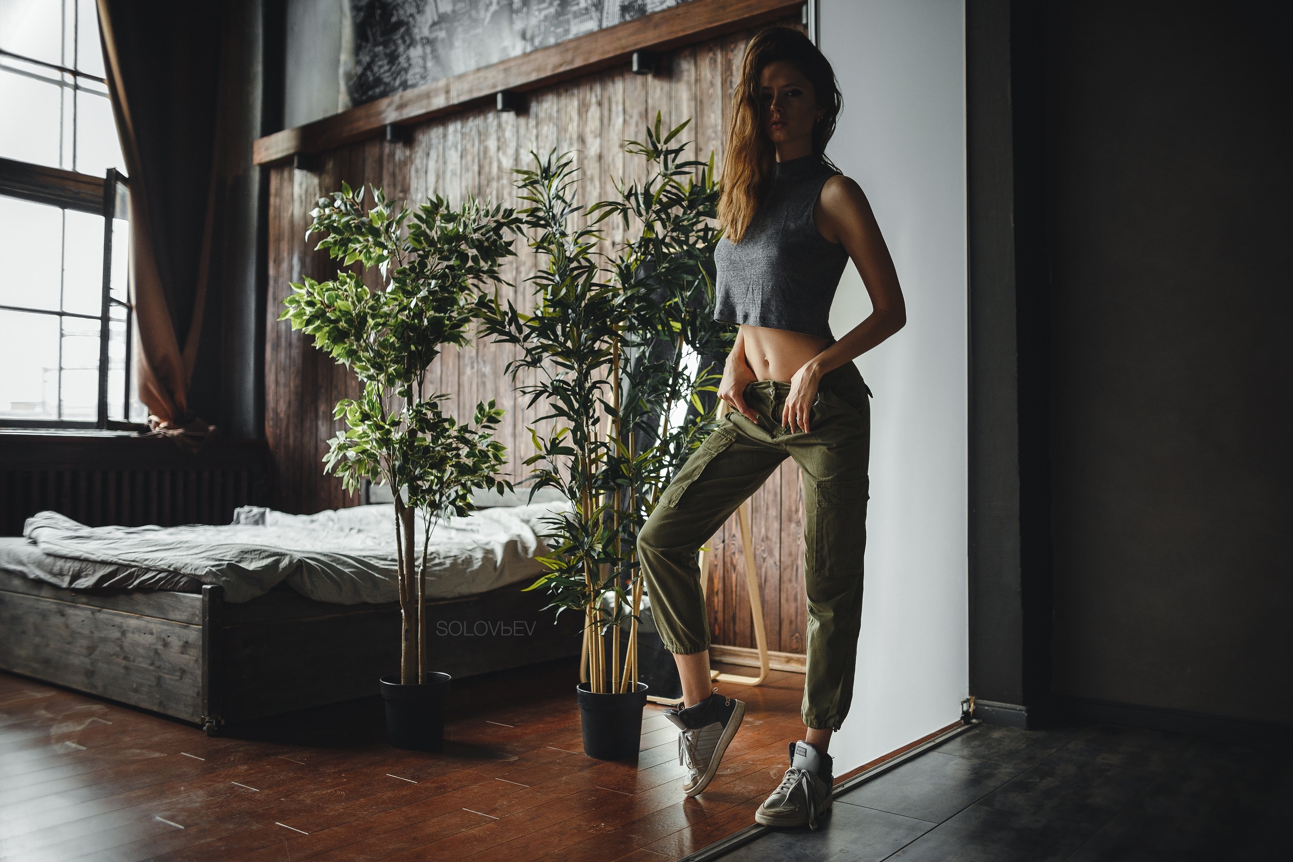 Women Artem Solov Ev Bed Pants Sneakers Plants Window Tank Top Tiptoe 2560x1707