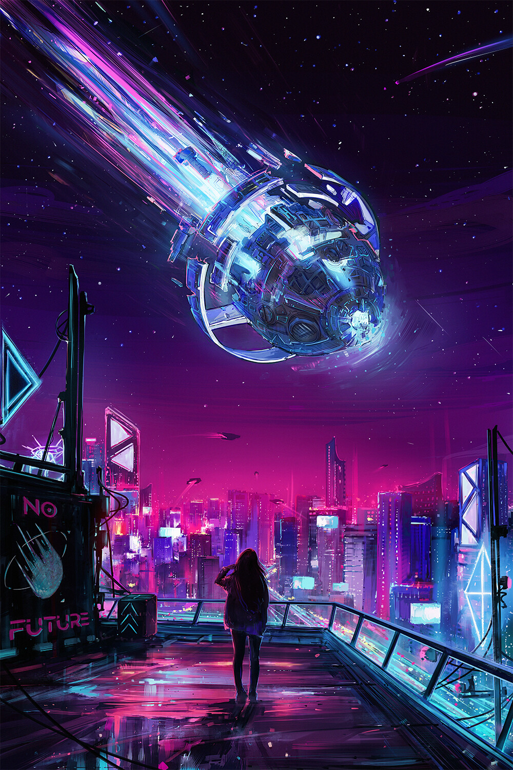 Aenami Women Futuristic City Science Fiction Spaceship Digital Art Meteorite Stars 1000x1500