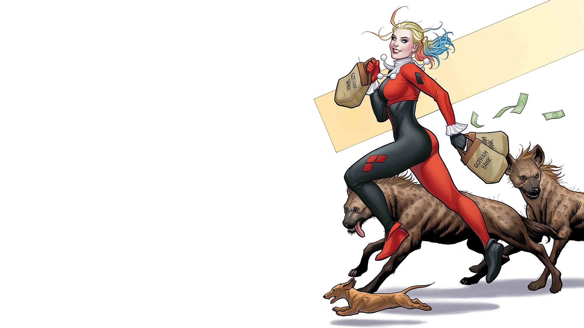 Harley Quinn DC Comics Superheroines Superhero Women Blonde Costumes Suite Pigtails Dog Hyenas Dolla 1920x1080