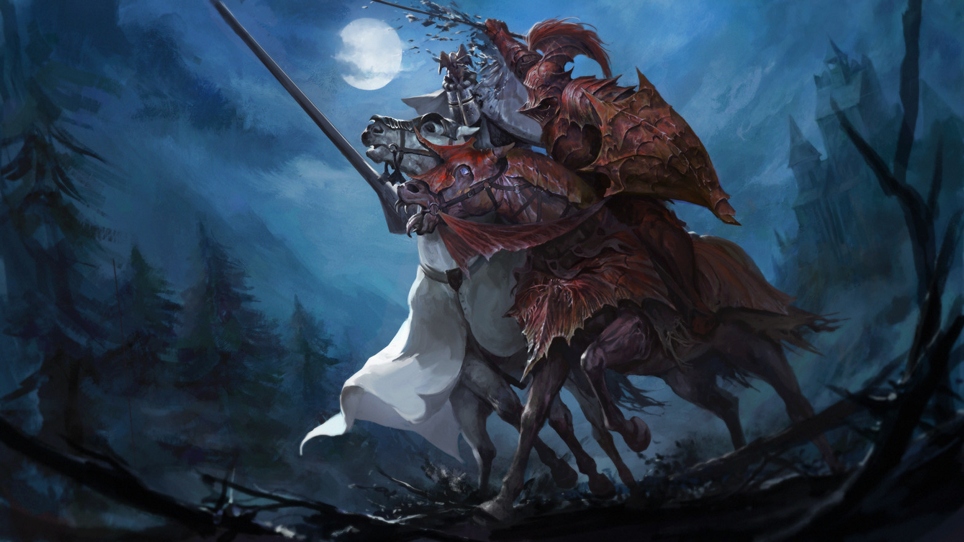 Knight Total War Warhammer Moon Forest Night Horse Lance Sword Shield 1920x1080