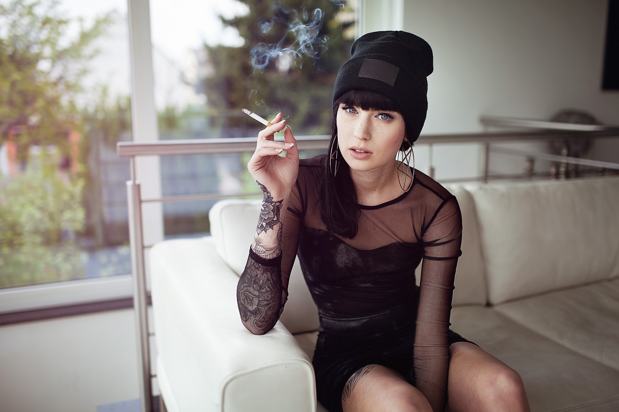 Women Model Andre Josselin Scarlett Simoneit Tattoo Blue Eyes Black Hair Black Dress Smoking Cigaret 2048x1365