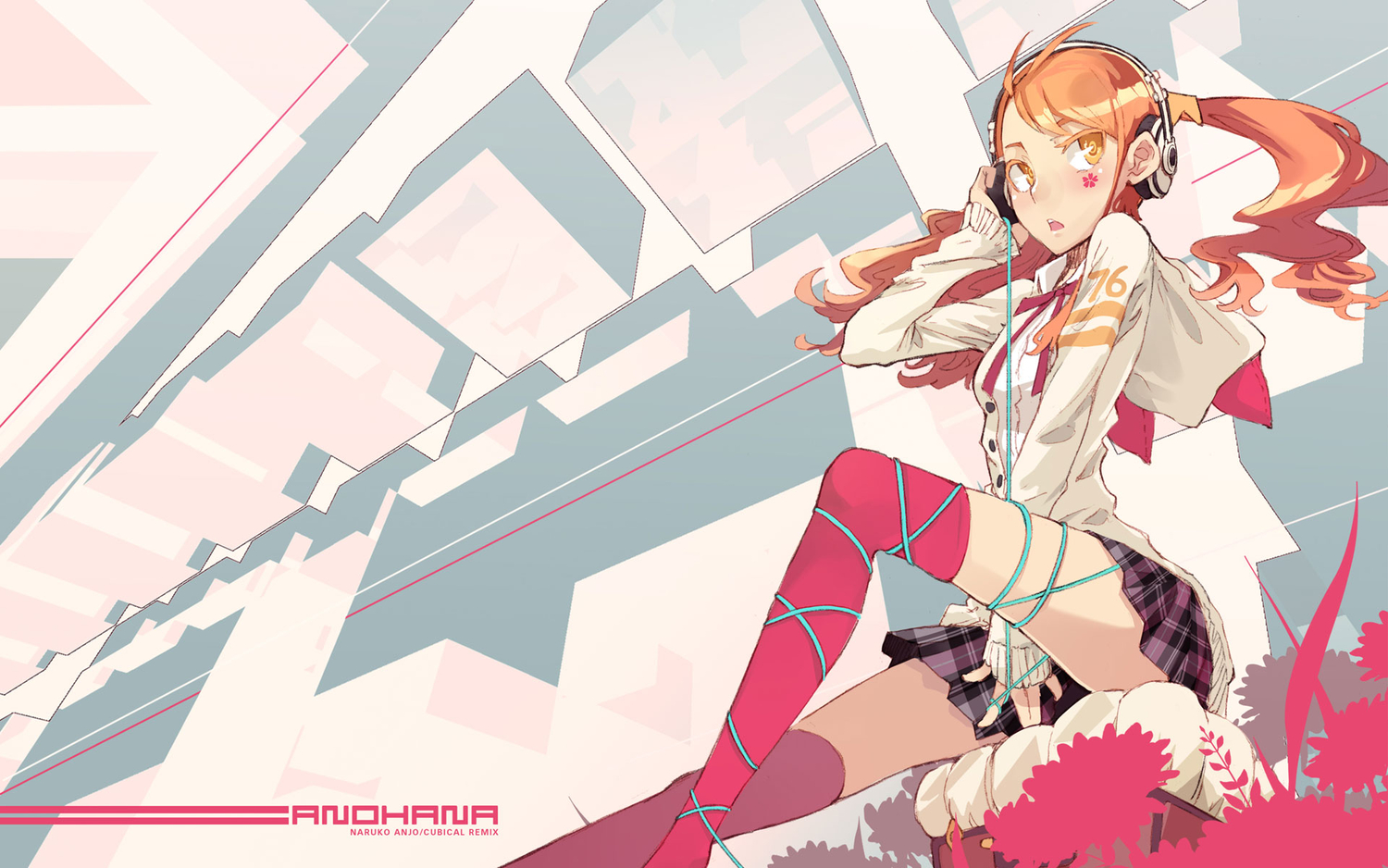 Naruko Anjou Anime Anohana Girl Sitting Twintails Skirt Headphones Thigh Highs 1500x938