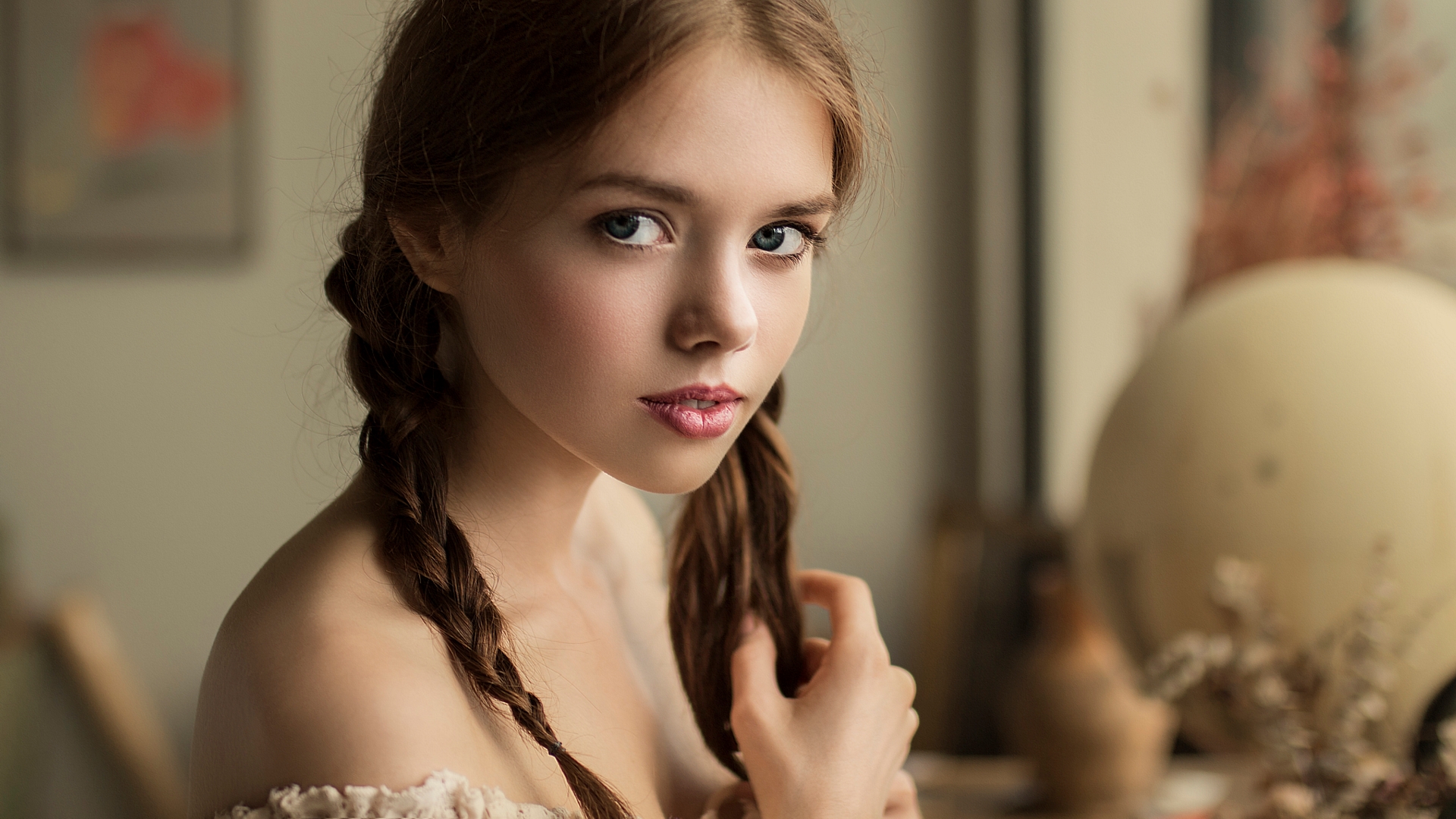 Women Model Brunette Looking At Viewer Portrait Indoors Braided Hair Braids Touching Hair Face Gray  1920x1080