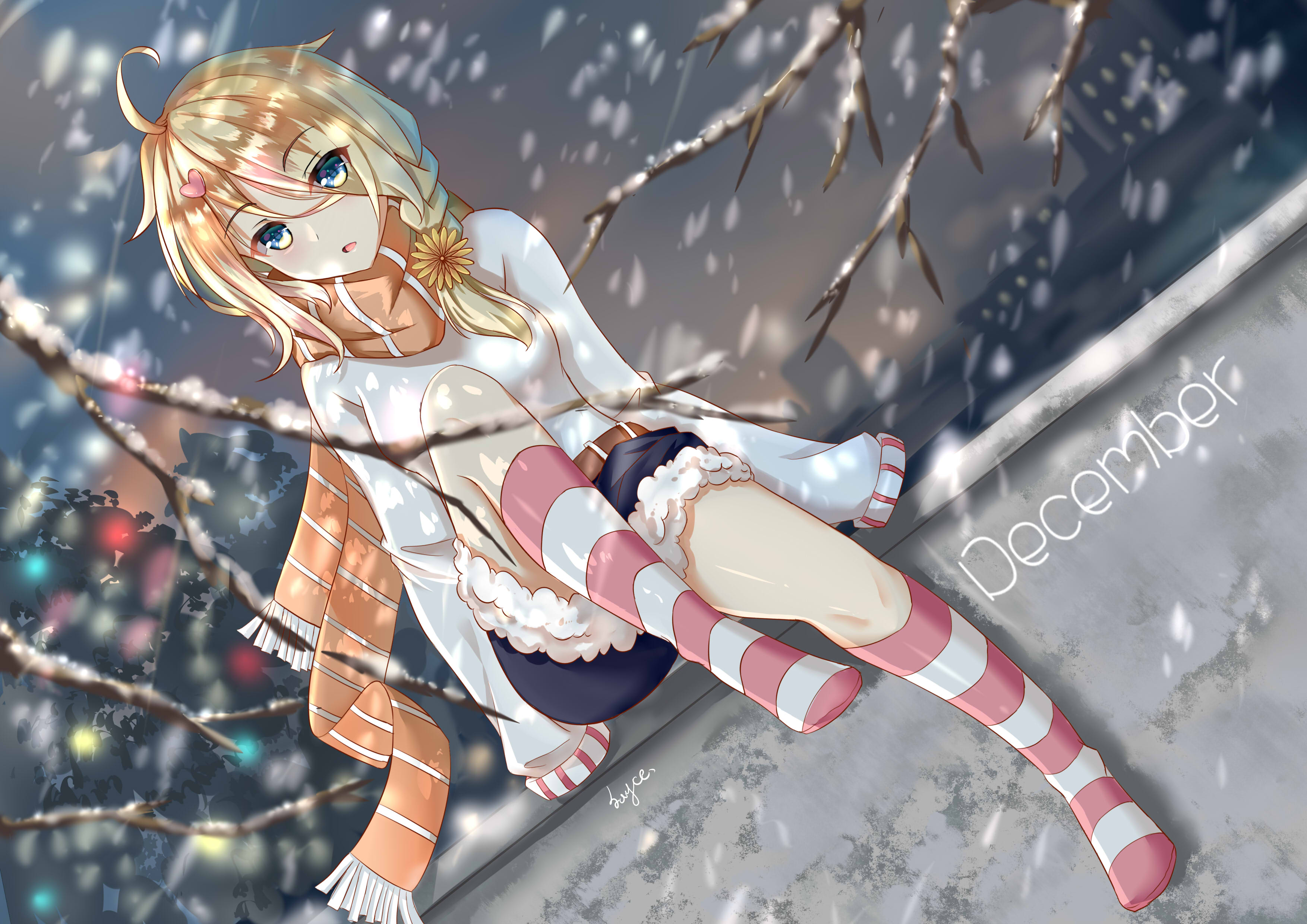 Anime Girls Anime Blonde Blue Eyes Scarf Striped Socks Flower In Hair Snow December Month 3507x2480