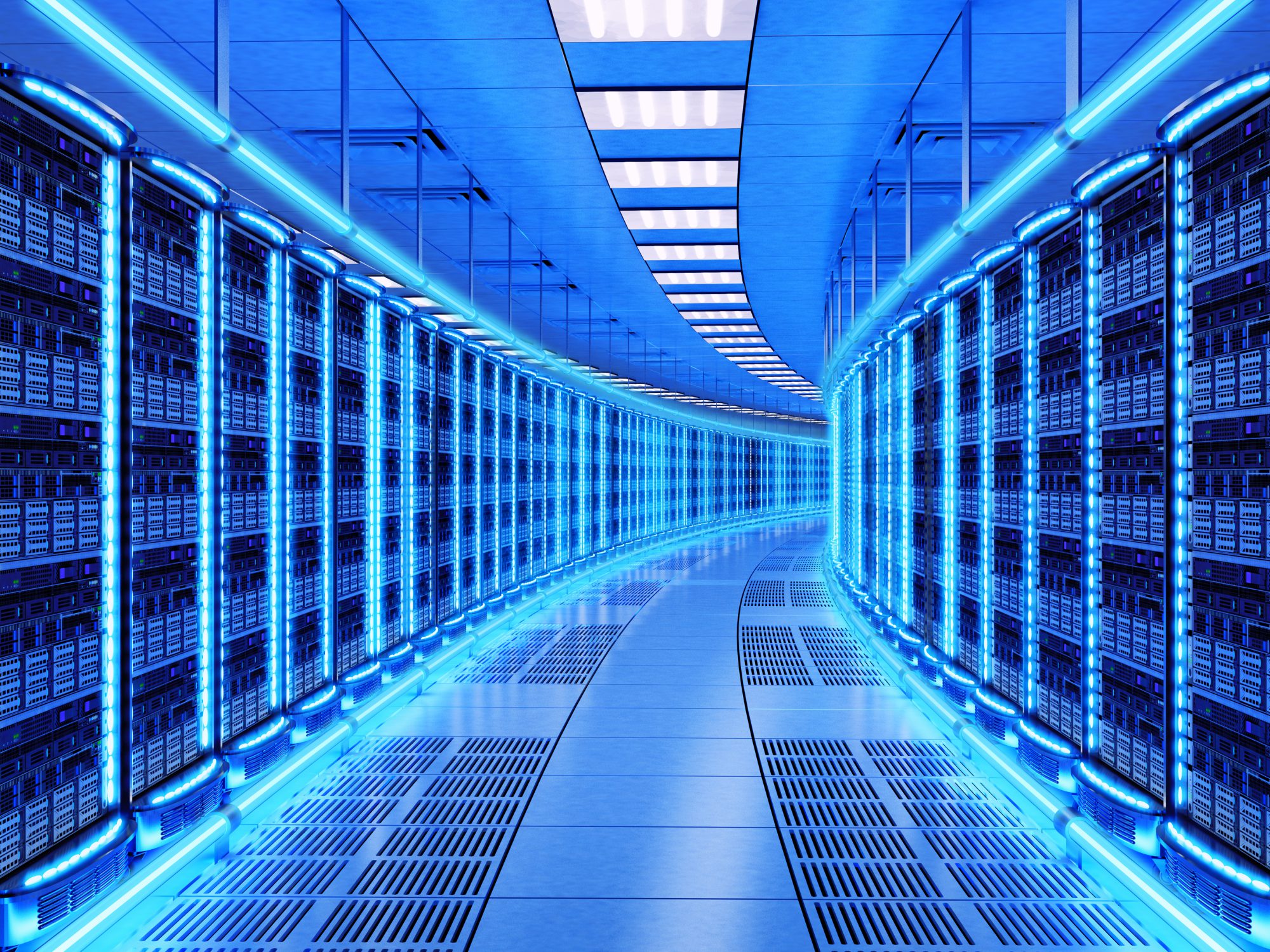 Digital Blue Hallway Technology Server Neon Glowing Network Datacenter 2000x1500