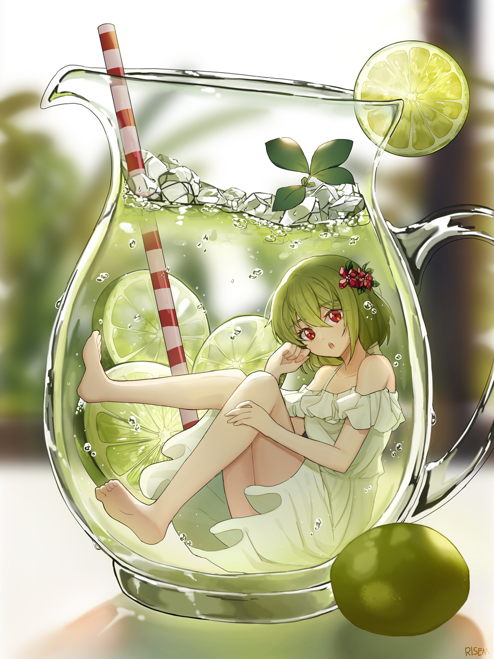 Anime Anime Girls Green Hair Red Eyes Lemonade Original Characters Underwater Barefoot Lemons 1000x1333