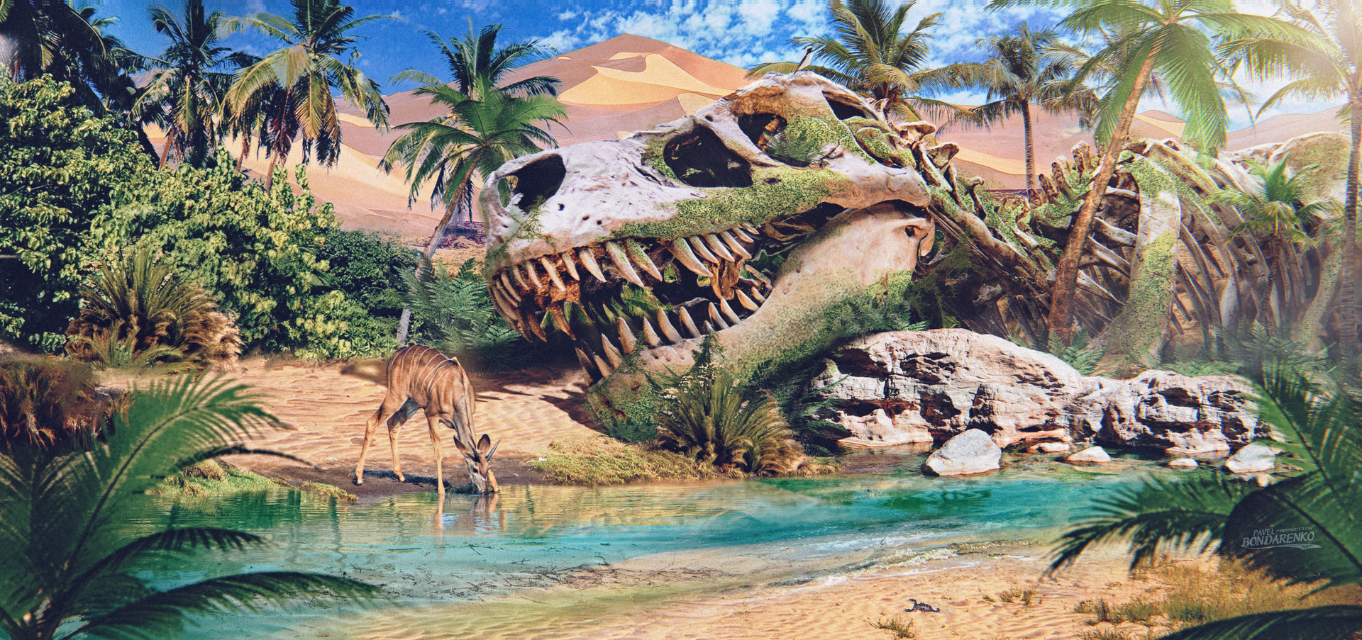 Pavel Bondarenko Drawing Dinosaurs Fossils Oasis Deer Nature Desert Water Drinking Sand Bushes Palm  1920x903