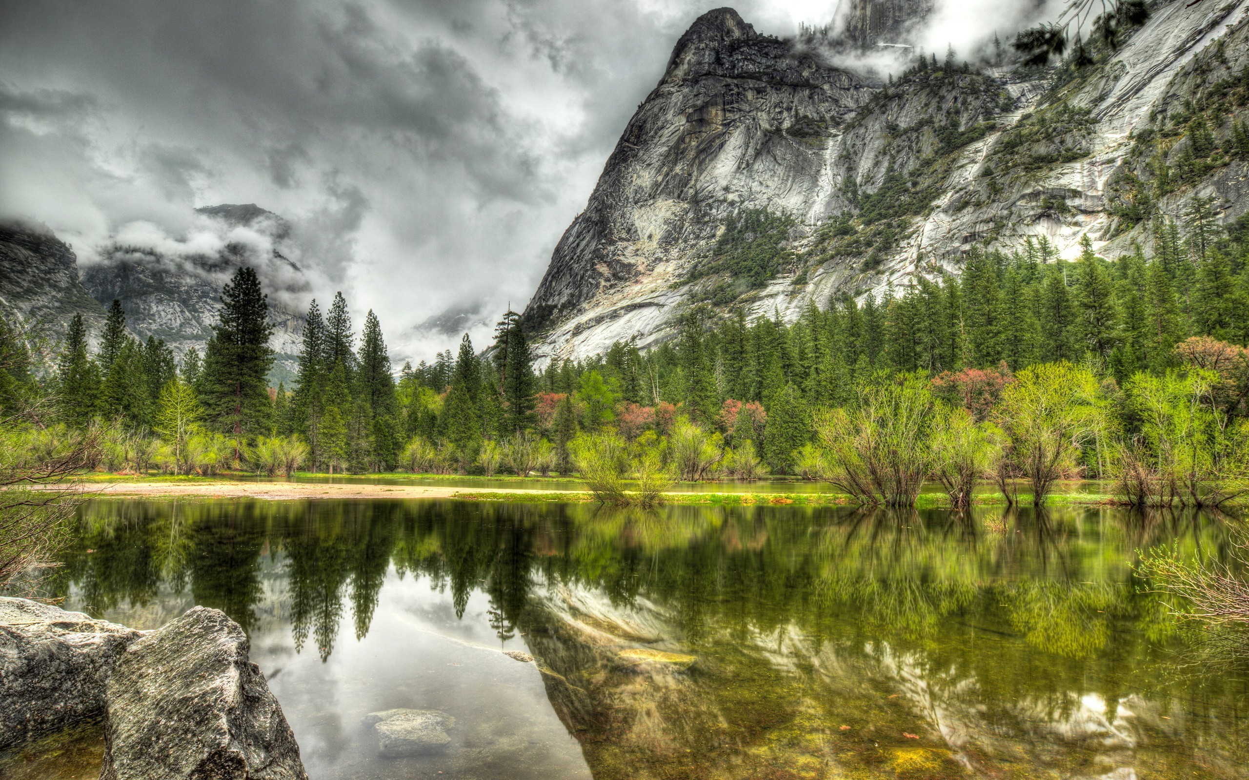 Nature HDR Landscape Lake Mountains Trees Clouds Stones Reflection Yosemite National Park Half Dome 2560x1600