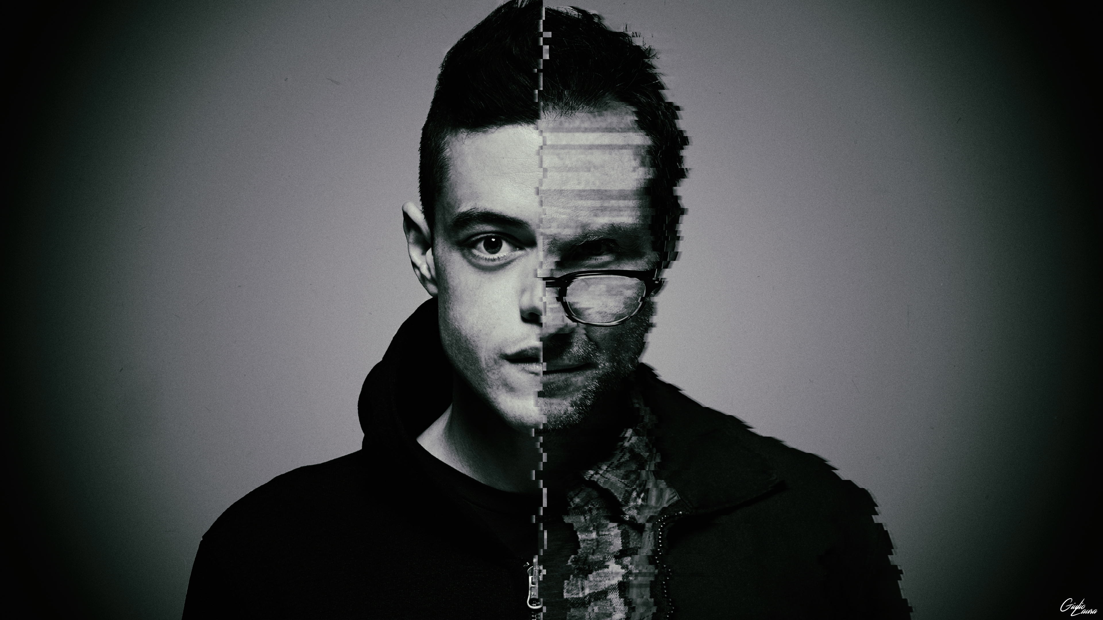 Mr Robot Elliot Mr Robot Glitch Art Fan Art Digital Art Photoshop Monochrome 3840x2160