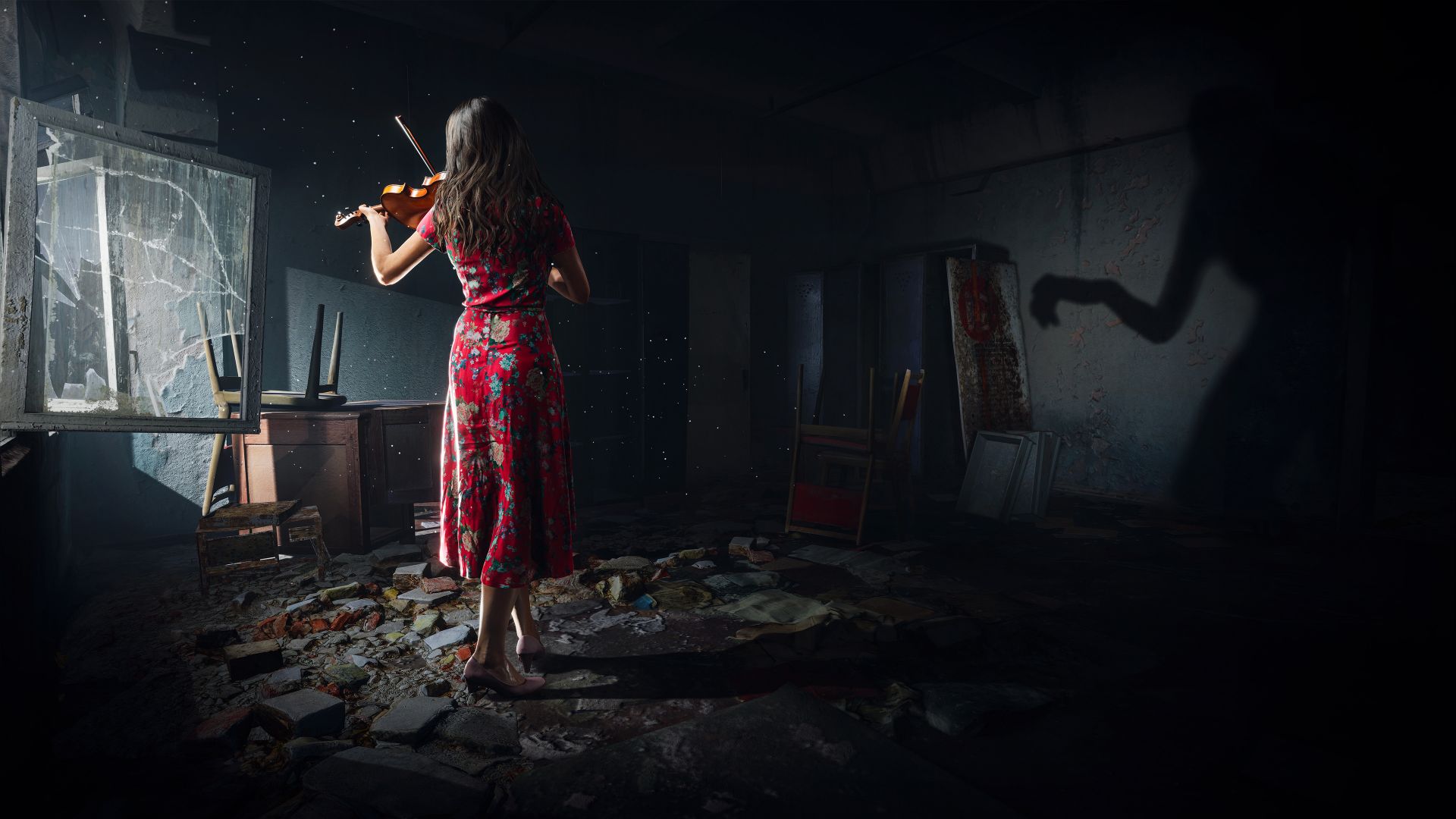 Women Violin Dress Abandoned Ruin Ruins Shadow Musical Instrument Women Indoors Brunette ChernobyLit 1920x1080