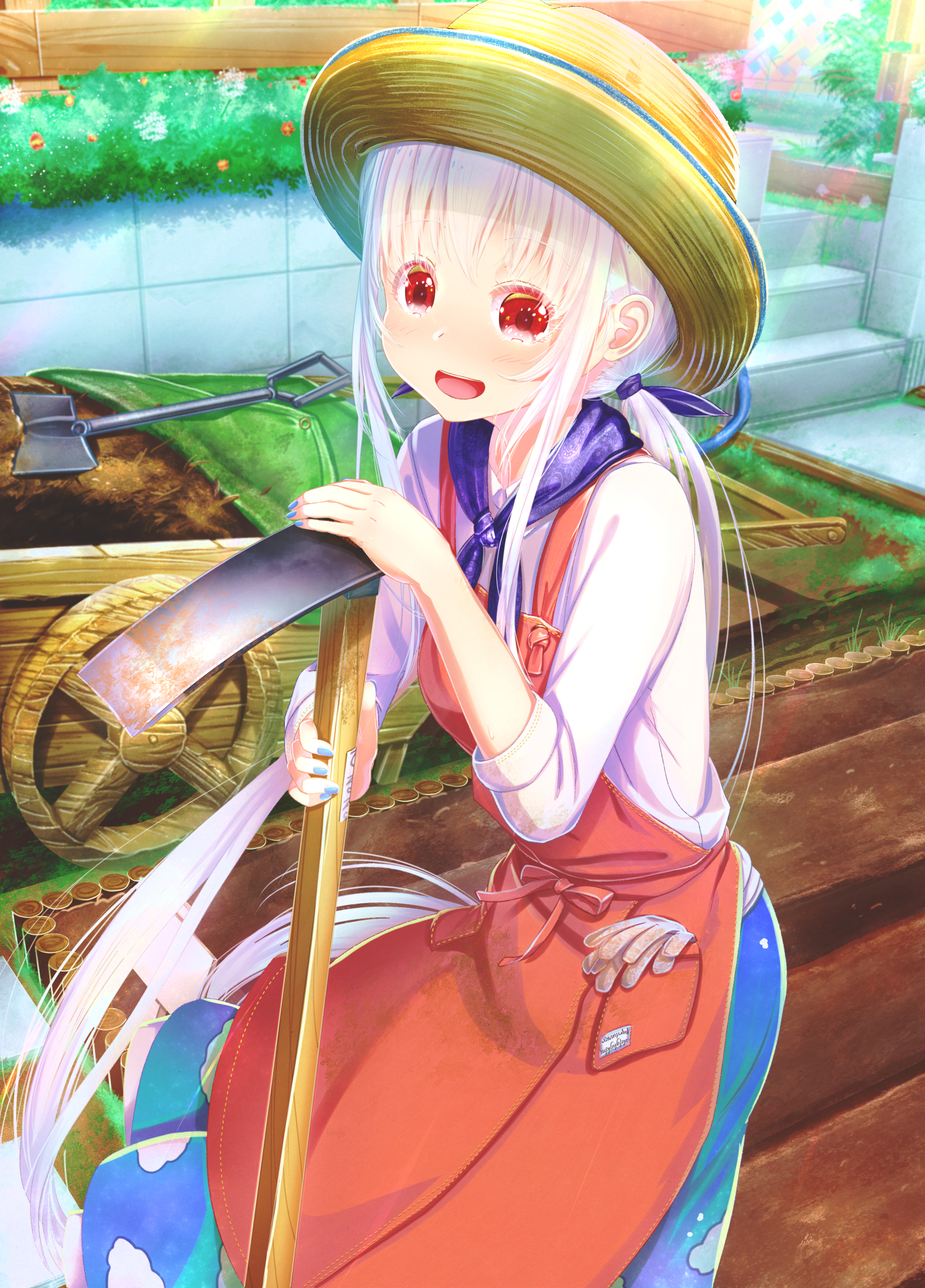 Anime Anime Girls Long Hair White Hair Red Eyes Long Skirt Straw Hat Nail Polish Shovels 1500x2088