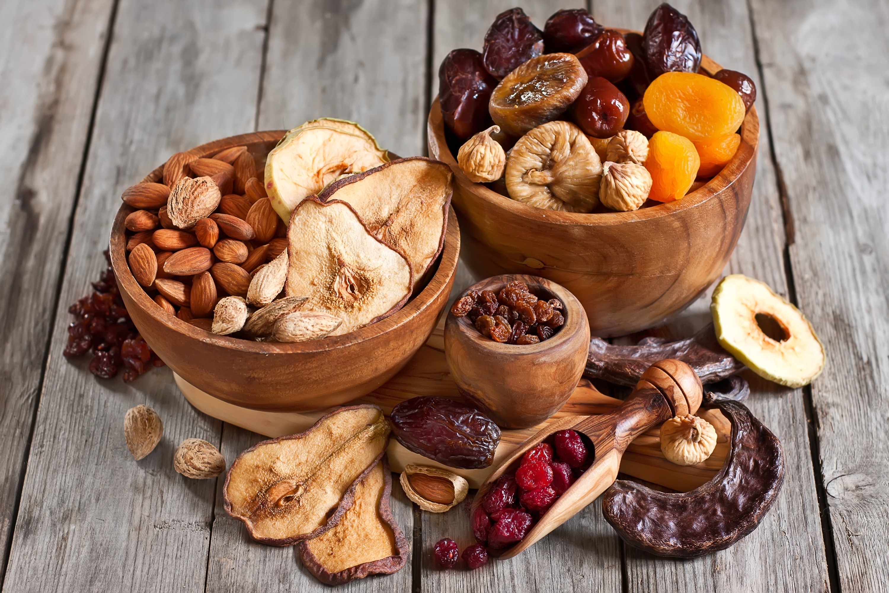Food Fruit Wooden Surface Nuts Almonds 3000x2000