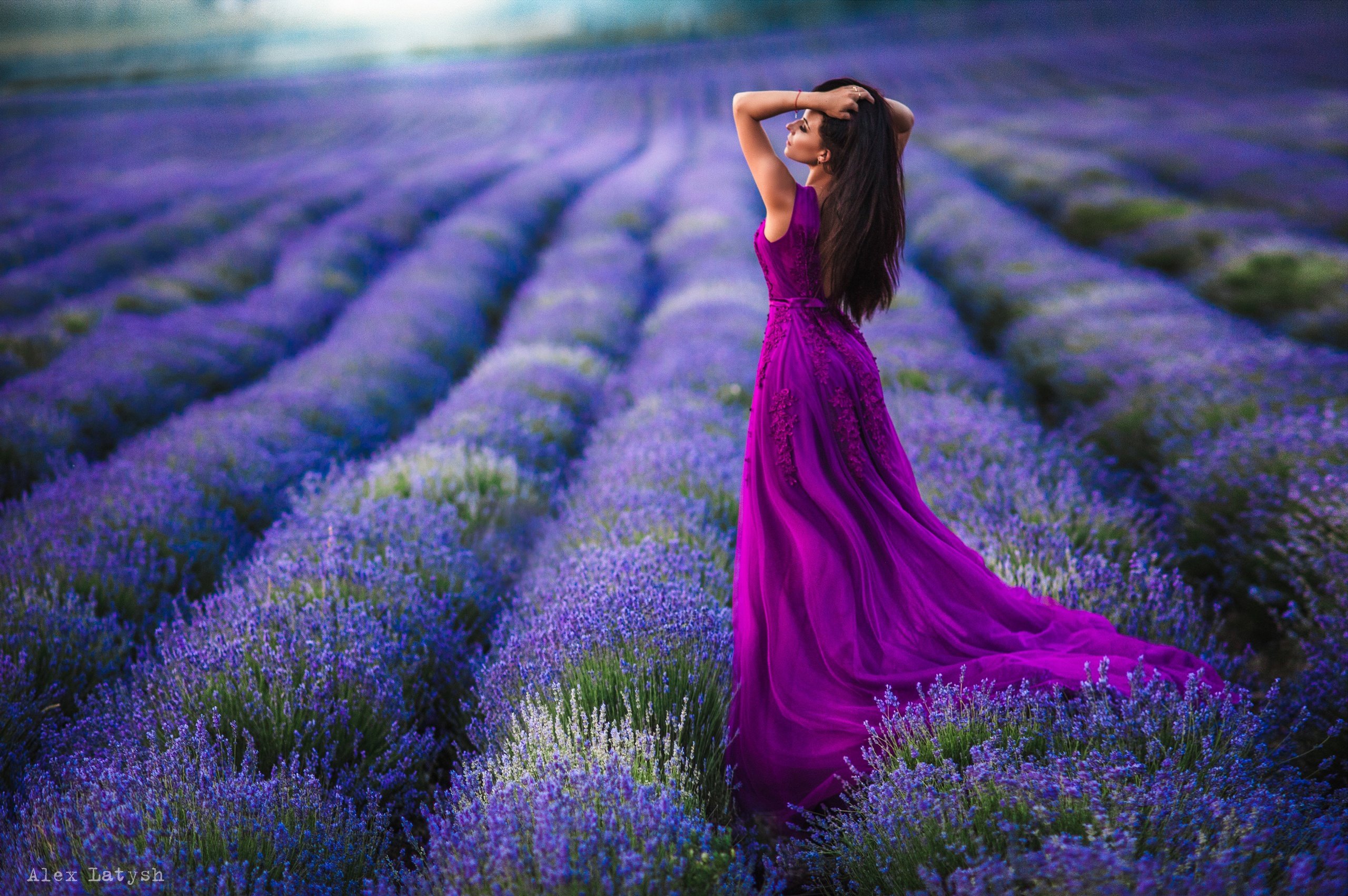 Field Plants Women Dress Women Outdoors Arms Up Model Brunette Lavender Alex Latysh 2560x1703
