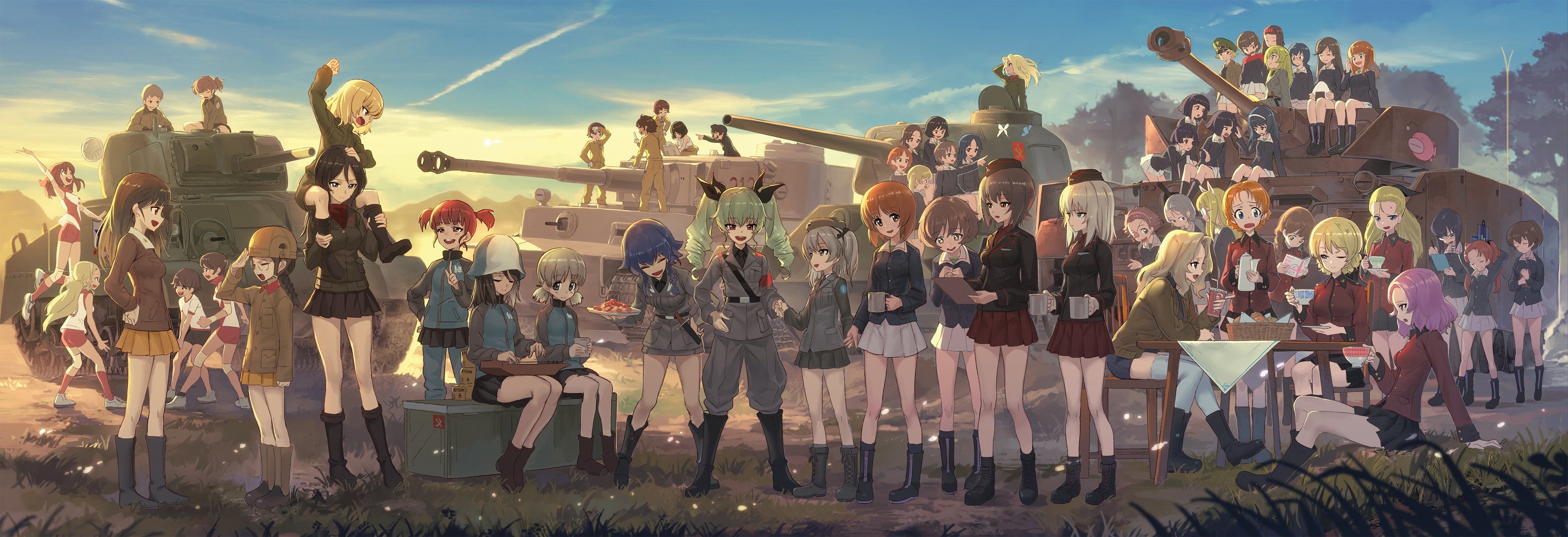 Girls Und Panzer Anchovy Girls Und Panzer Darjeeling Nishizumi Maho Nishizumi Miho Erwin Girls Und P 3840x1316