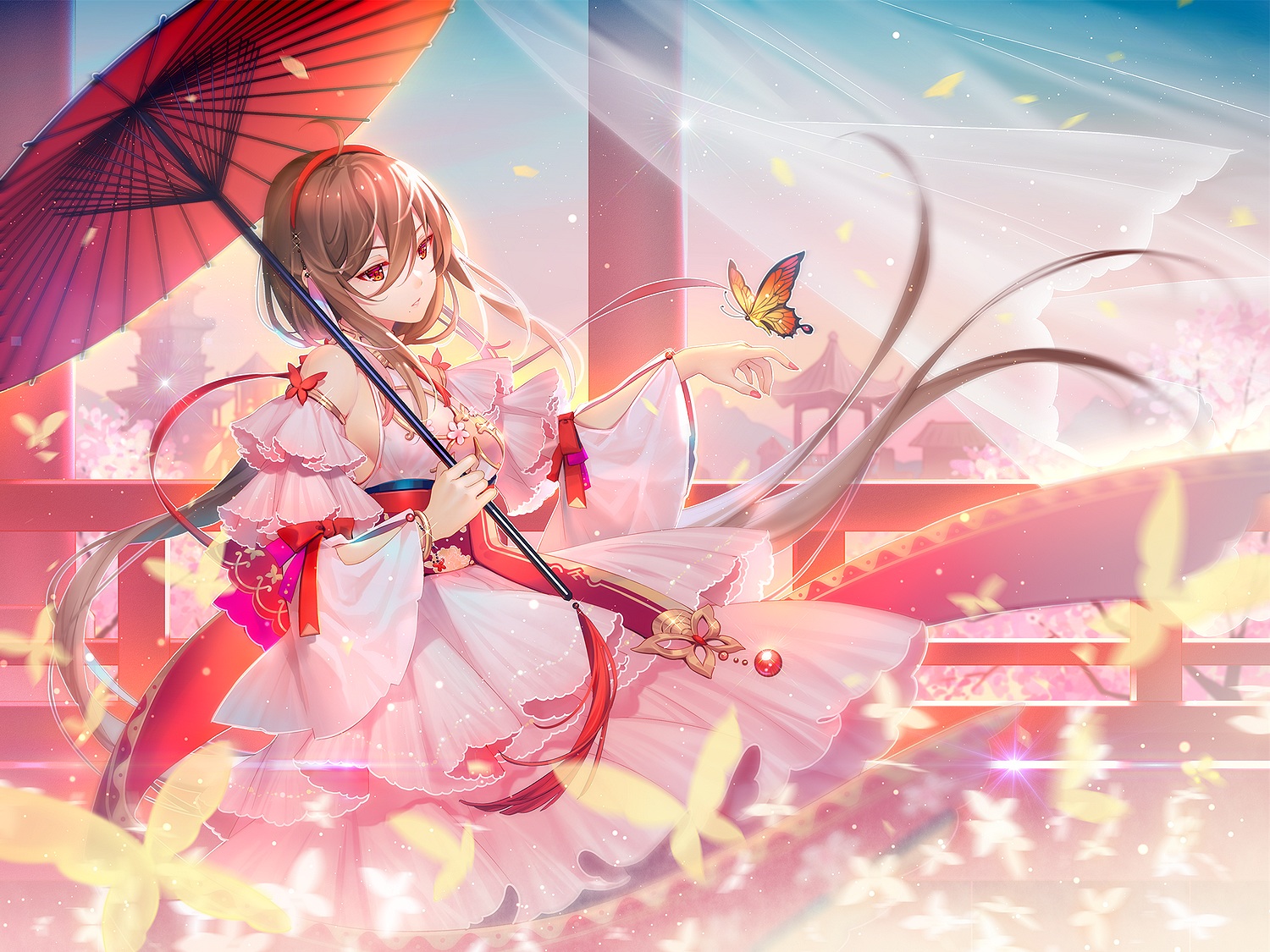 Artwork Digital Art Vocaloid Vocaloid China Bow Brunette Butterfly Umbrella Yuezheng Ling 1500x1125