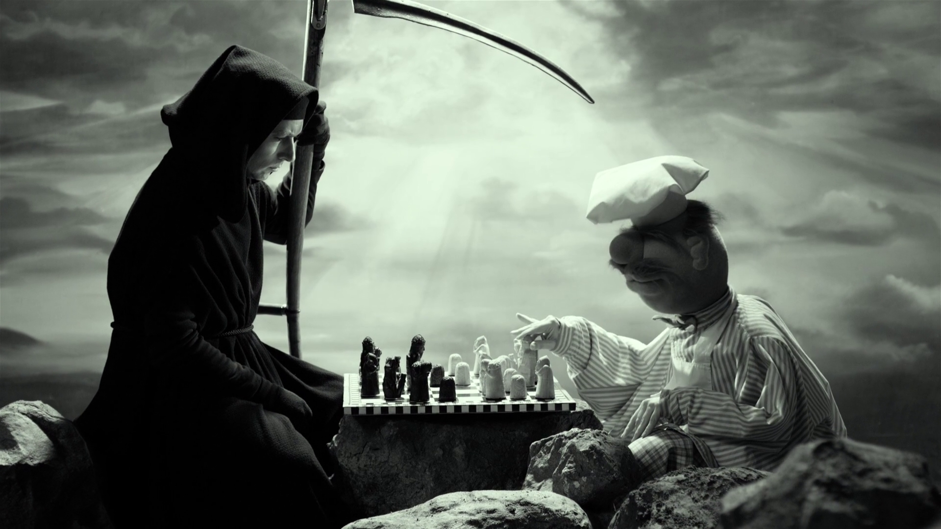 Digital Art Grim Reaper Death Dark Scythe Monochrome Chess Board Games Rock Sunlight Clouds Cook Hoo 1920x1080