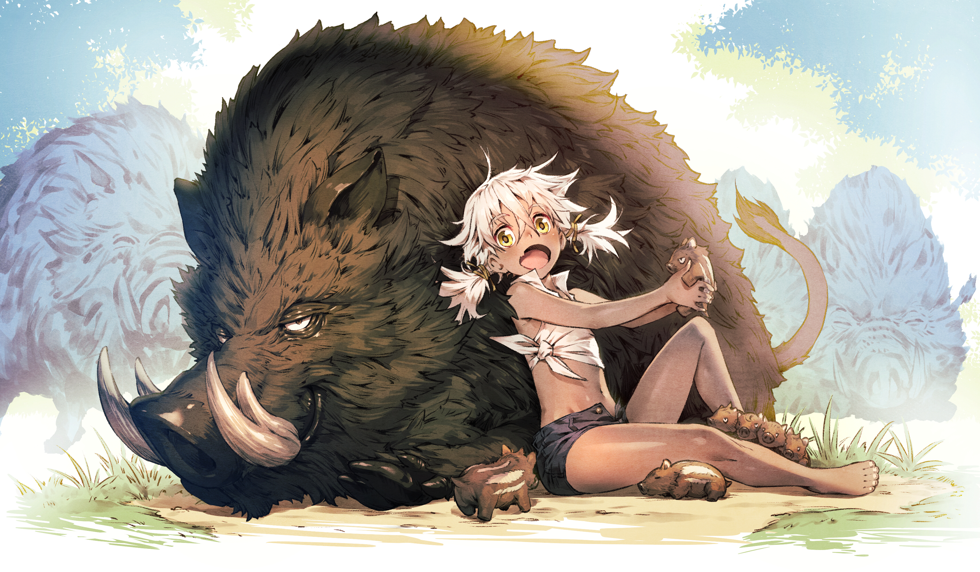 Anime Girls Anime Chyko Open Mouth Wild Boar Blonde Yellow Eyes Pigs 3425x2000