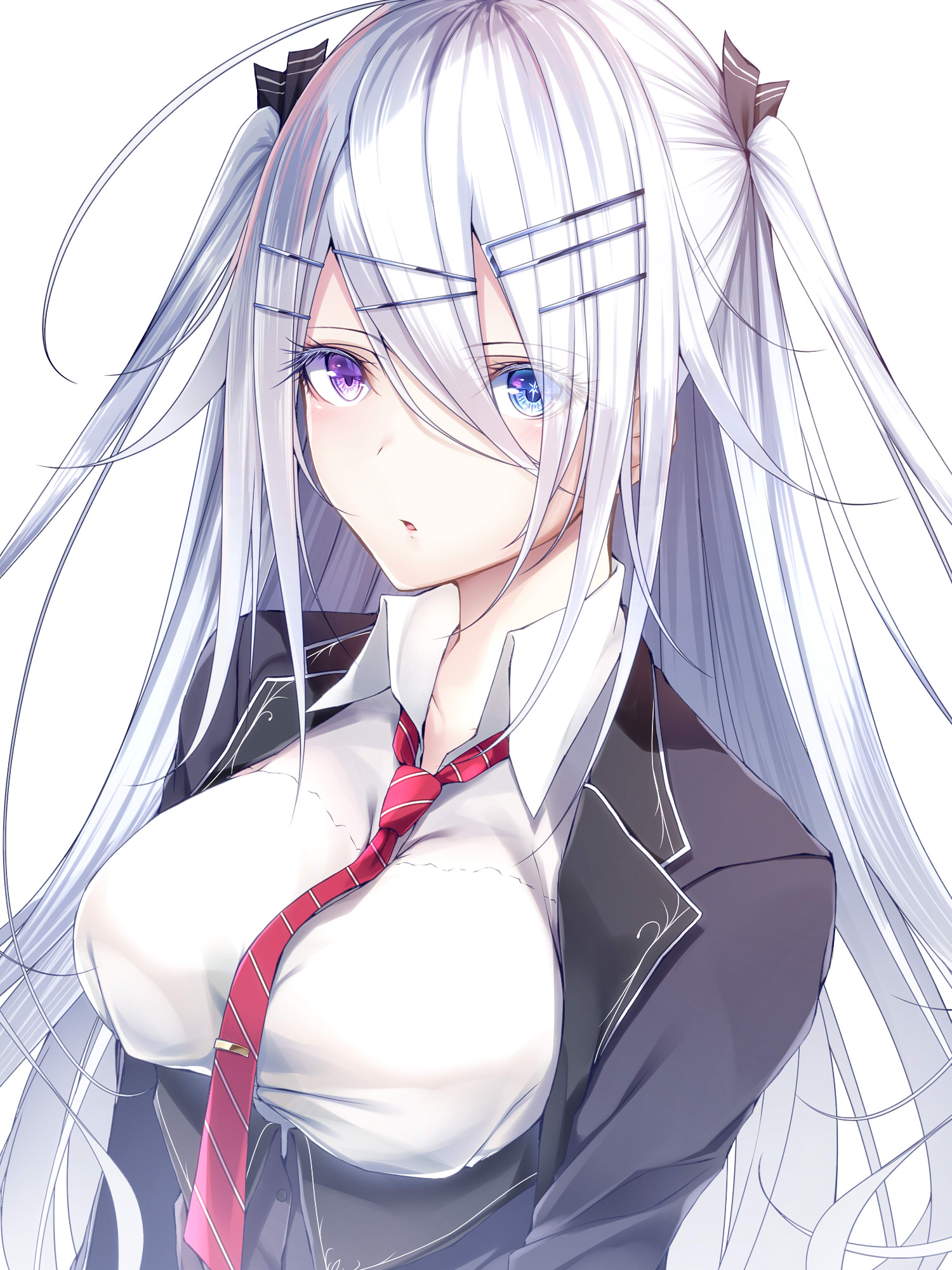 Anime Girls Looking At Viewer White Background Tie Two Eye Colors Blush Long Hair White Hair Anime 1500x2000