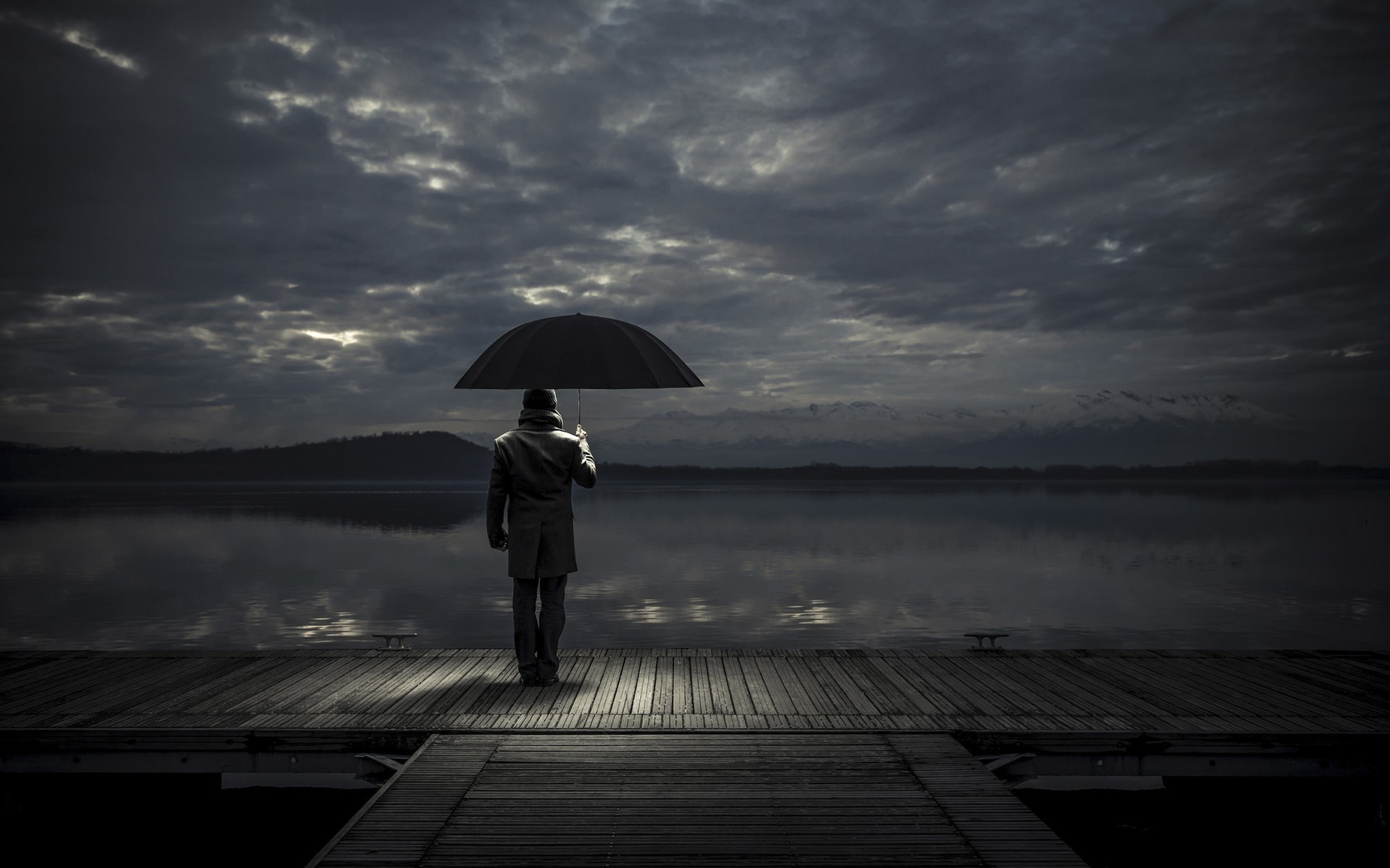 Alone Clouds Lake Umbrella Sky Lights Solice Pier Dark 1920x1200