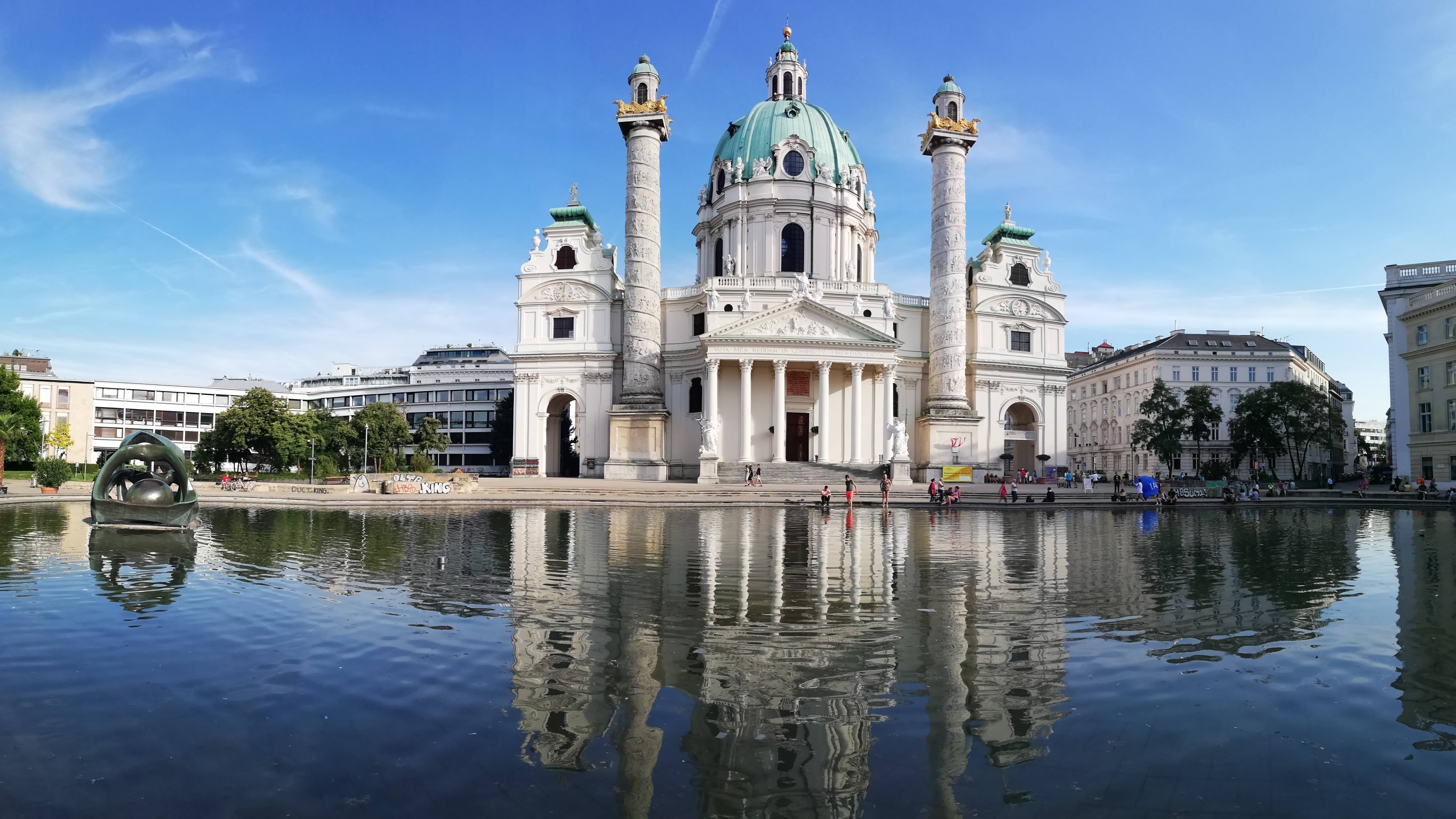 Vienna Church Cathedral Water Reflection Austria Clear Sky 5006x2816