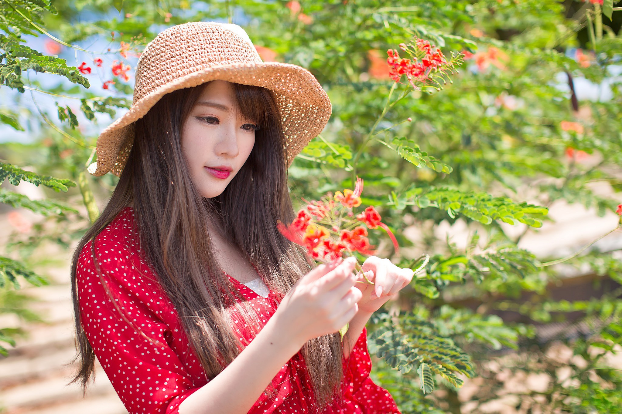 Asian Women Hat Brunette Flowers Long Hair Women With Hats Red Dress Red Lipstick Focused Women Outd 2048x1365