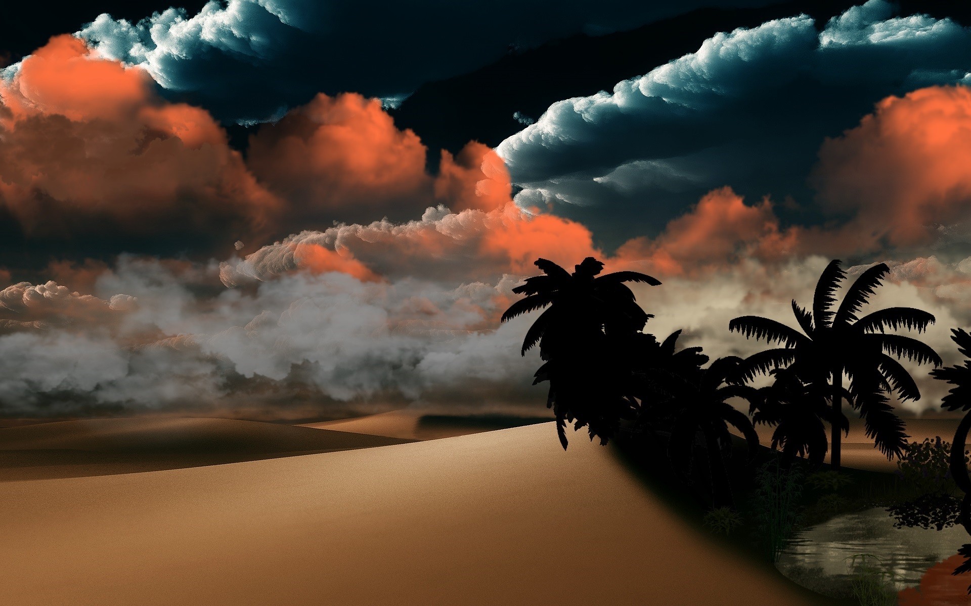 Sky Clouds Desert Palm Trees Oasis Digital Art 1920x1200