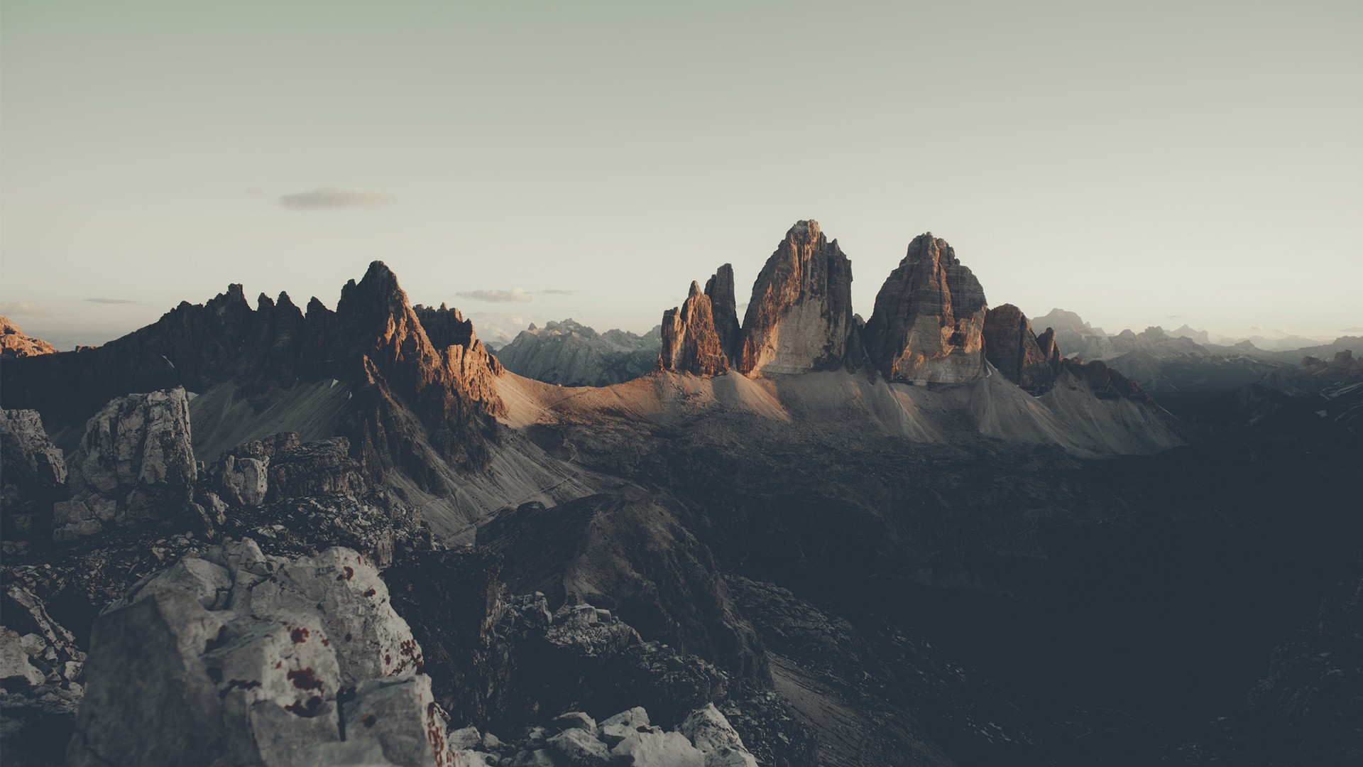 Landscape Tre Cime Di Lavaredo Alps Rock Formation Mountains Sky 1920x1080