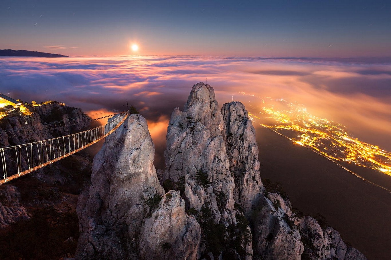 Moonlight Mountains Crimea Yalta Mist Night Cliff Cityscape Nature Landscape Ukraine 1366x911