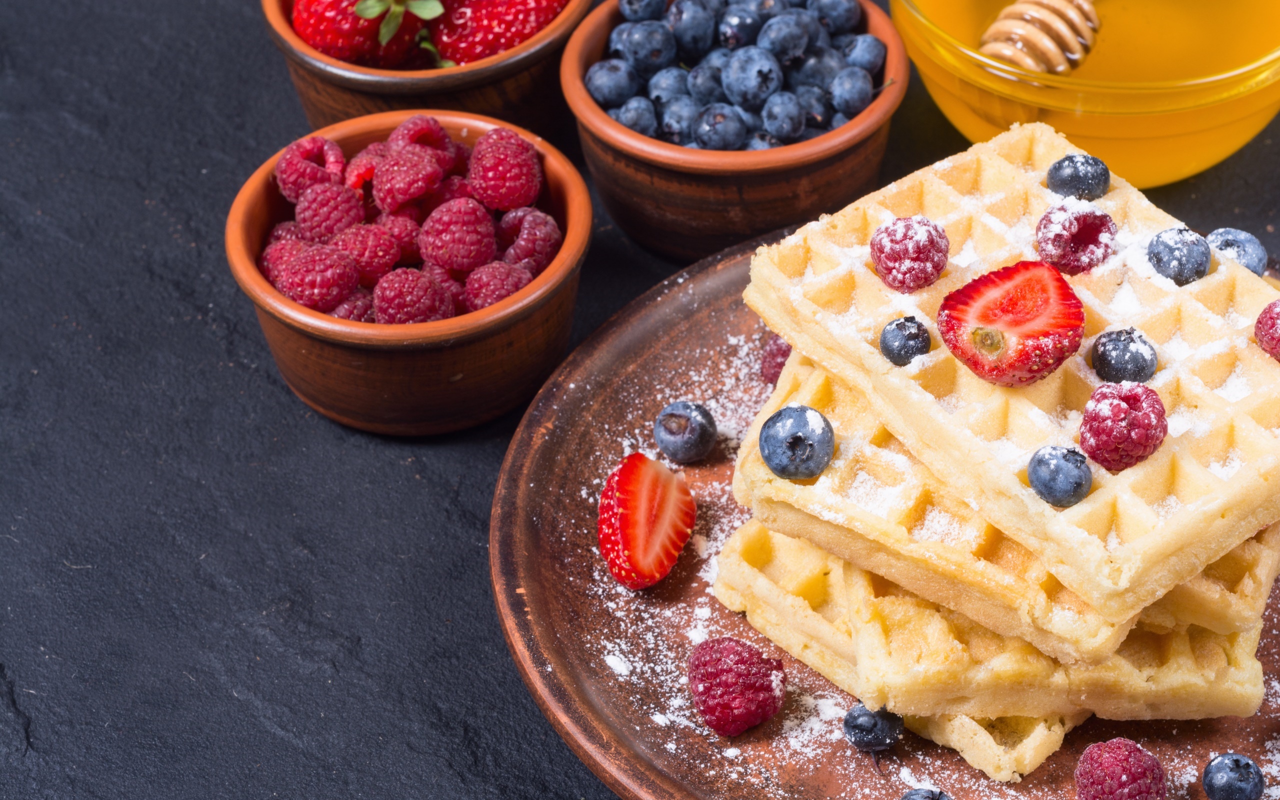 Waffles Food Fruit Berries Raspberries Blueberries Strawberries 2560x1600