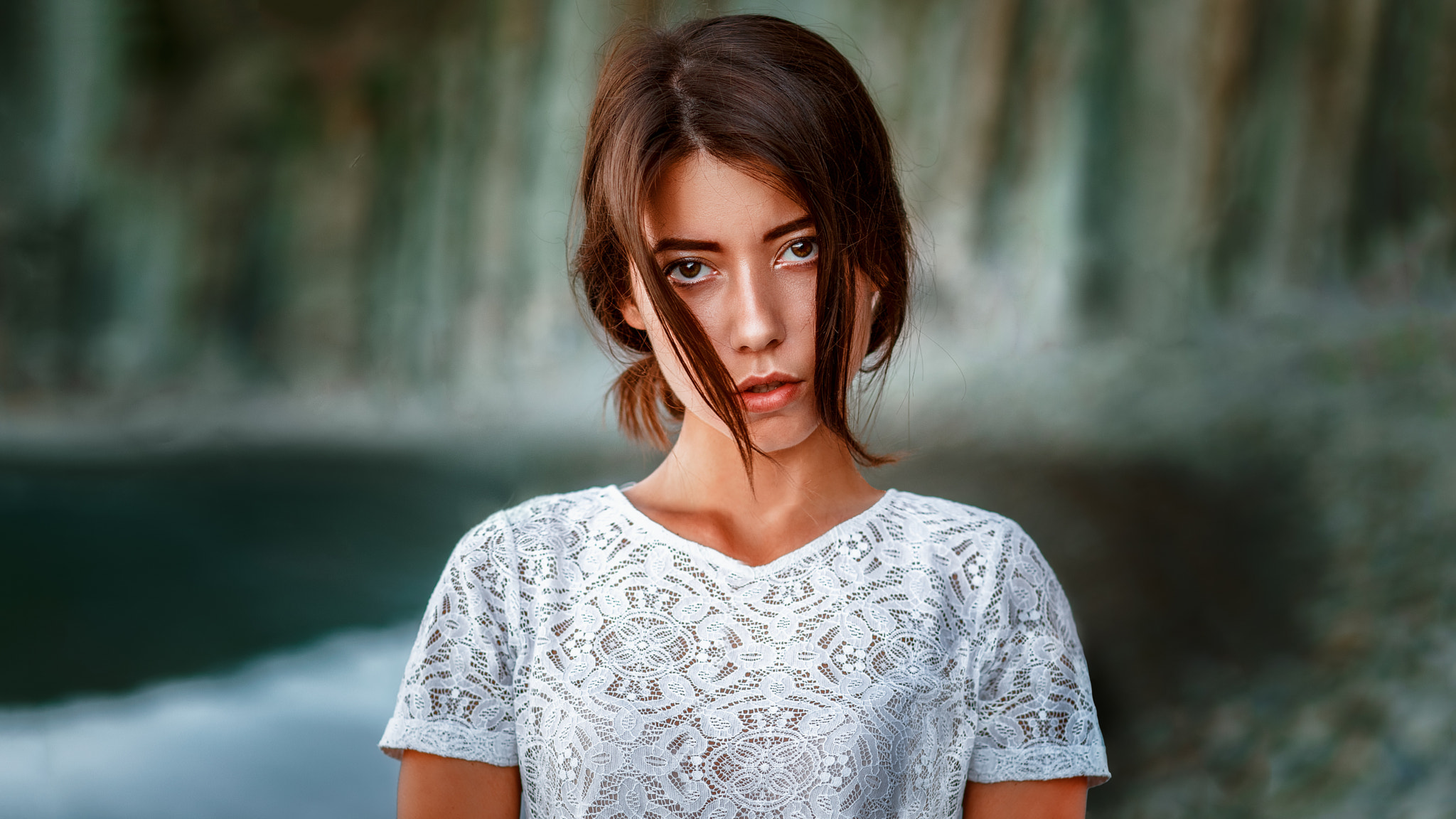 Women Face Portrait Hair In Face Andrey Metelkov White Tops Lace Top Brunette Shoulder Length Hair L 2048x1152