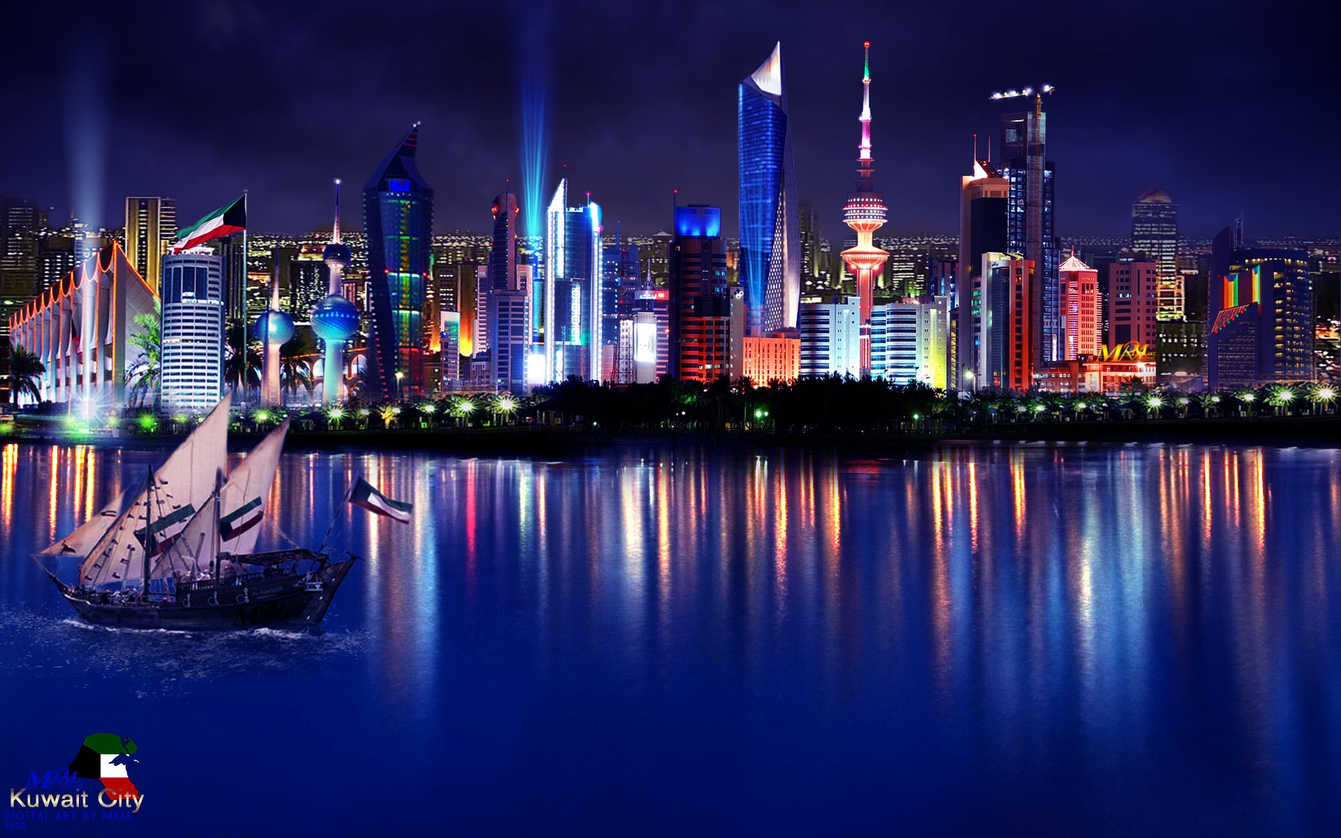 Kuwait City Cityscape Sailing Ship City Lights 1920x1200