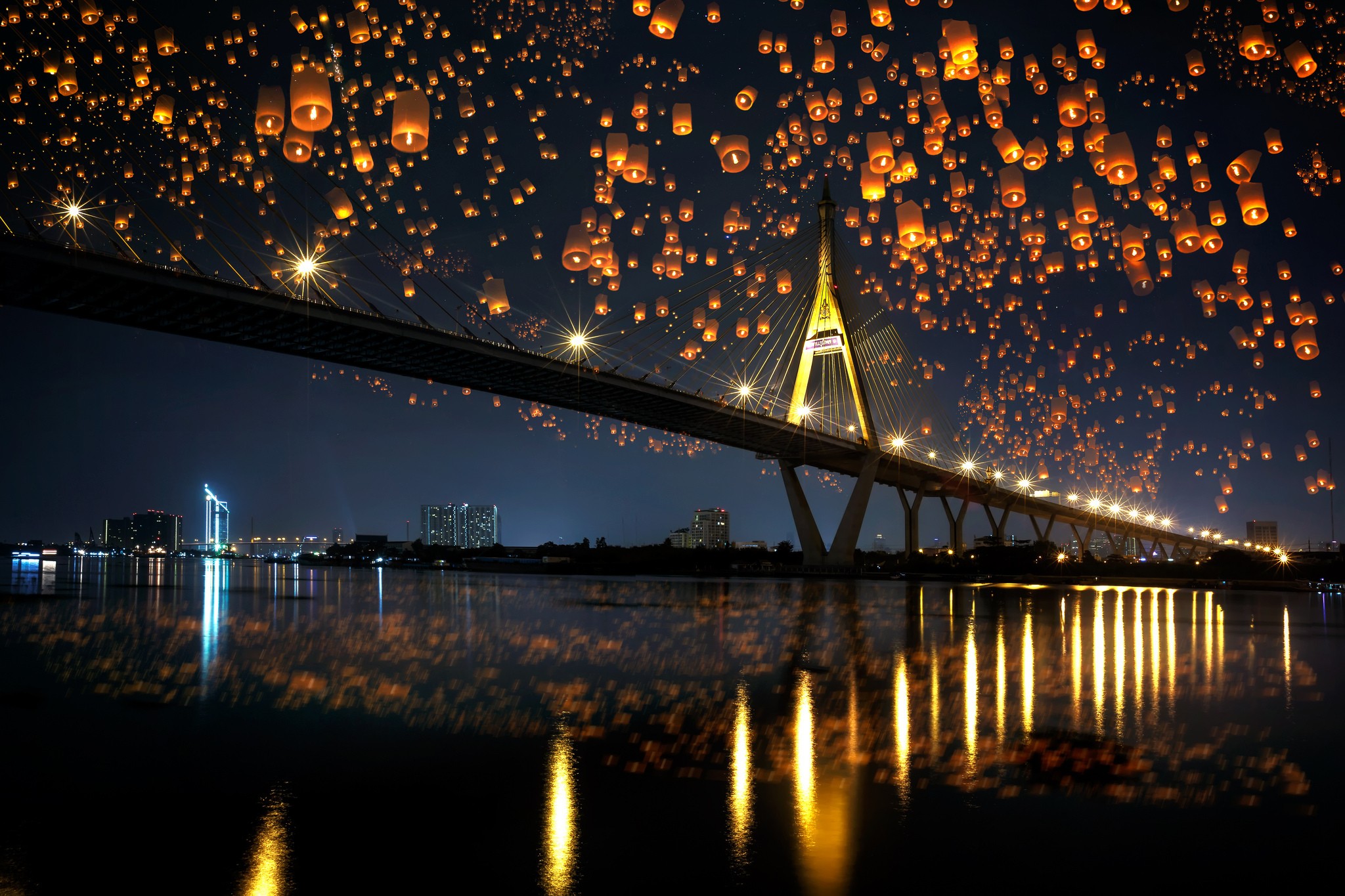 Landscape Bridge Night Sky Lanterns Reflection 2048x1365