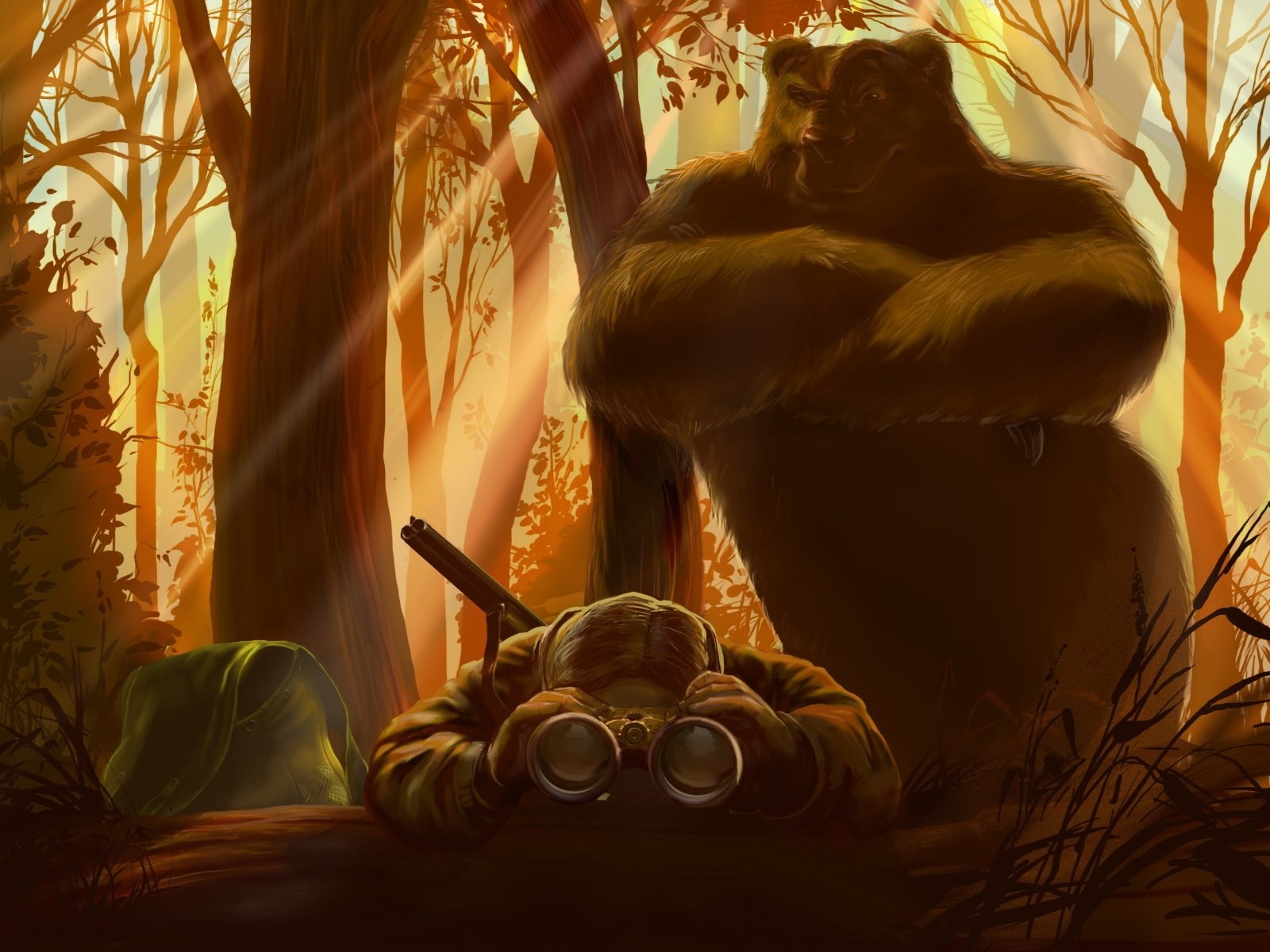 Humor Dark Humor Nature Landscape Digital Art Men Hunter Grizzly Bear Humor Trees Forest Sun Rays Bi 1600x1200