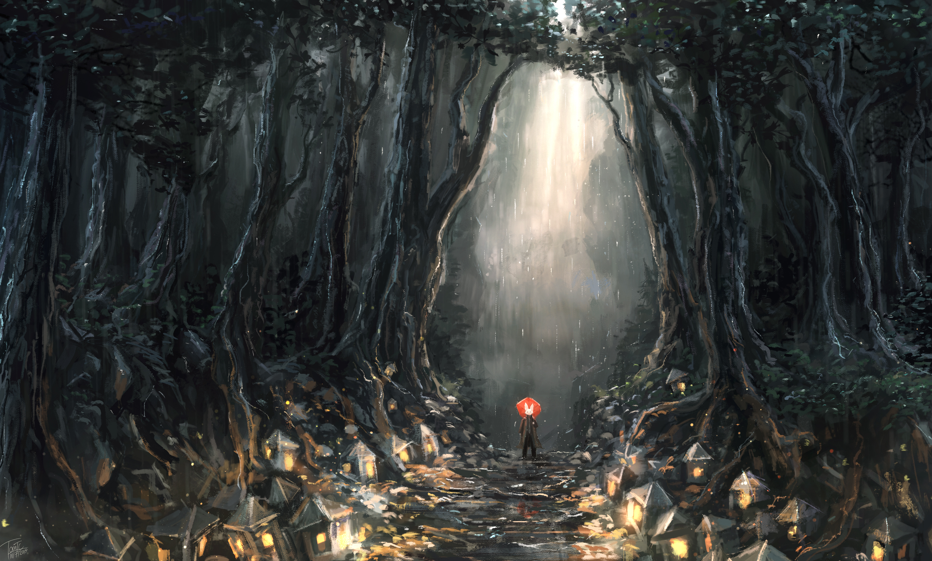 Rain Rabbits Forest Pathway Umbrella Lantern Trees Roots Sun Rays Tommy Chandra 2969x1786