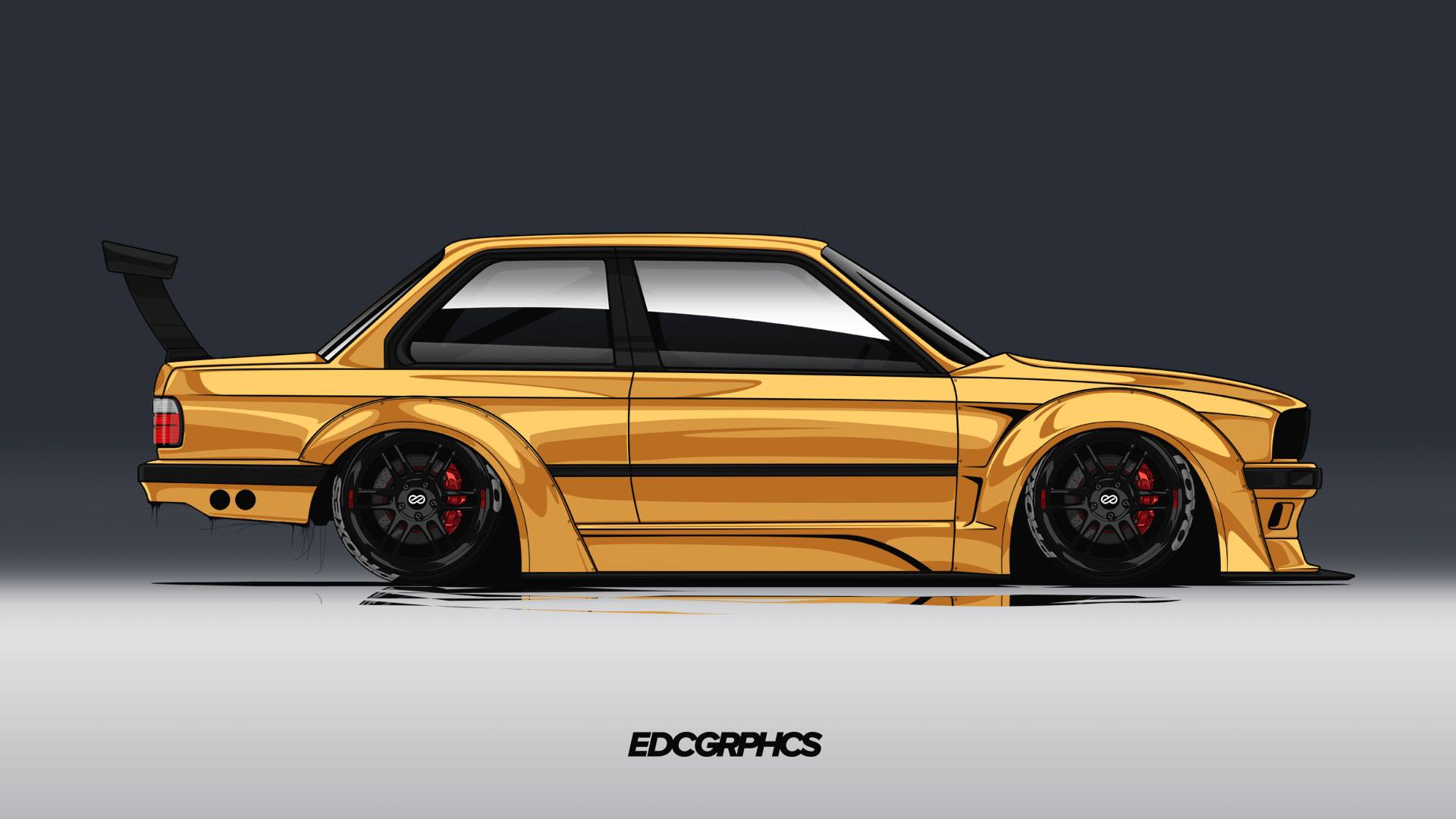 EDC Graphics BMW M3 E30 Render BMW German Cars Side View Digital Art Car Vehicle Yellow Cars BMW E30 1920x1080