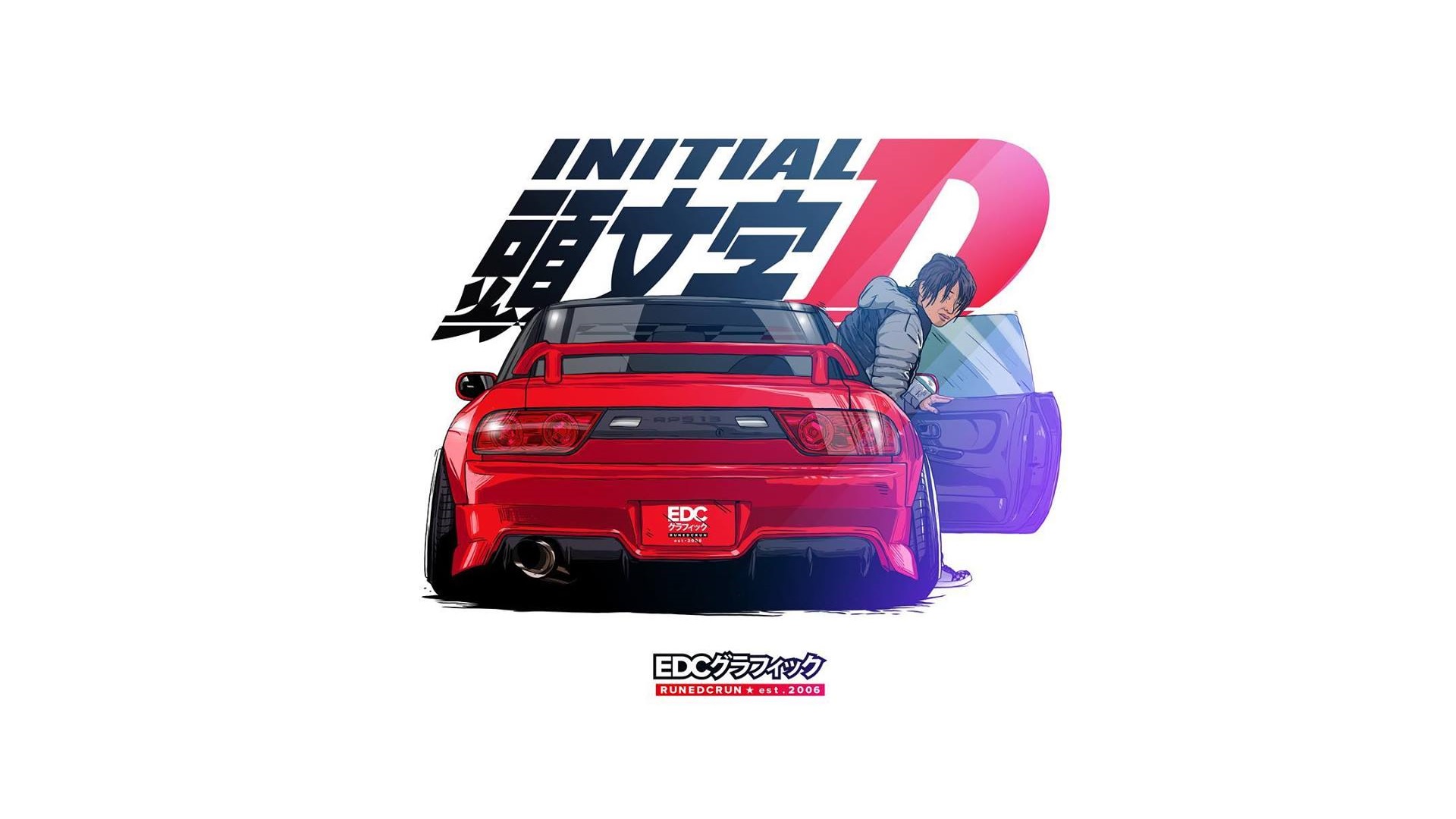 EDC Graphics Nissan 240SX Nissan Render JDM Initial D Anime Japanese Cars Rear View Red Cars 1920x1080