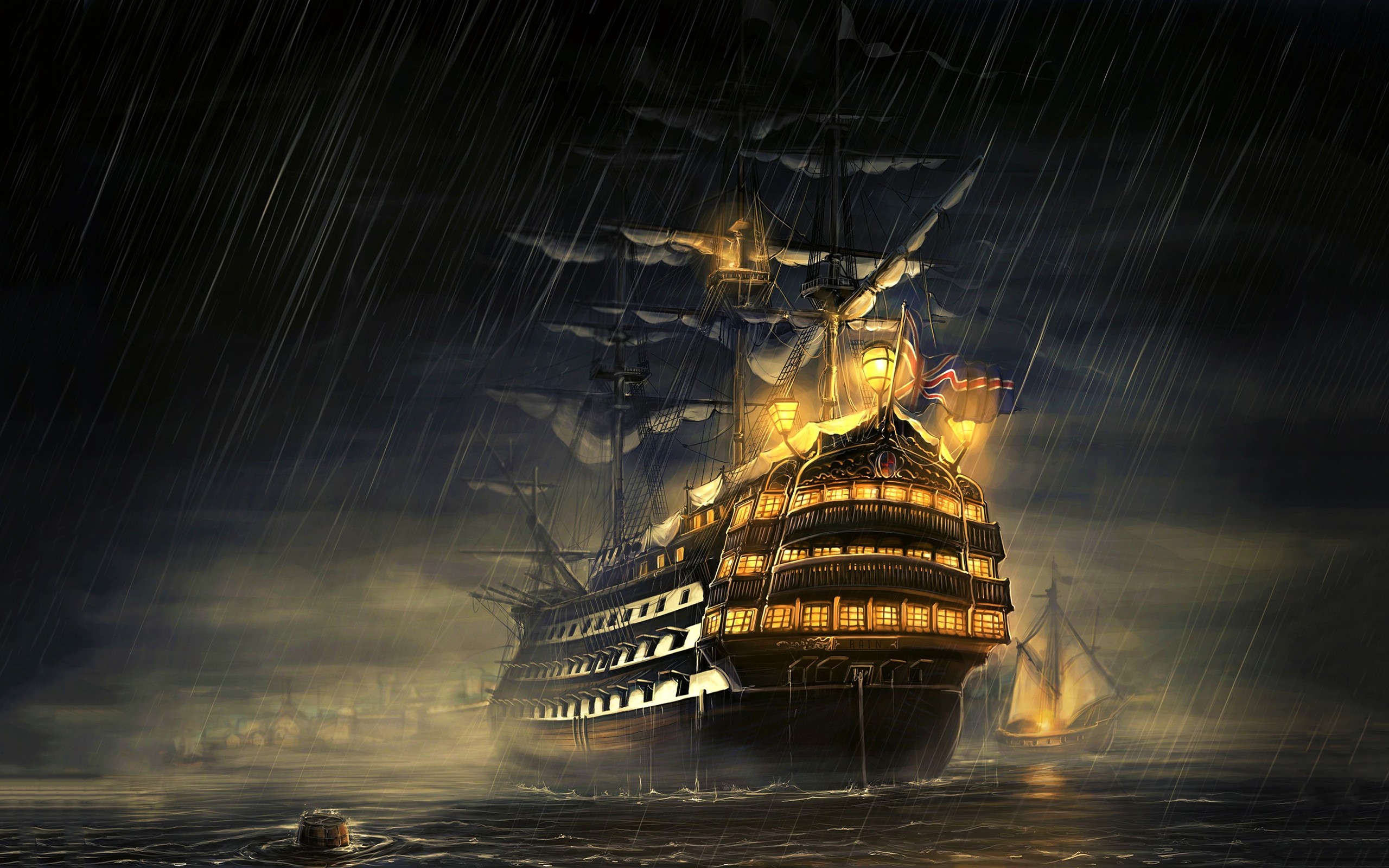 Ship Navy Royal Navy Sailing Ship Sailing Ship Rain Manowar Ship Water Artwork 2560x1600
