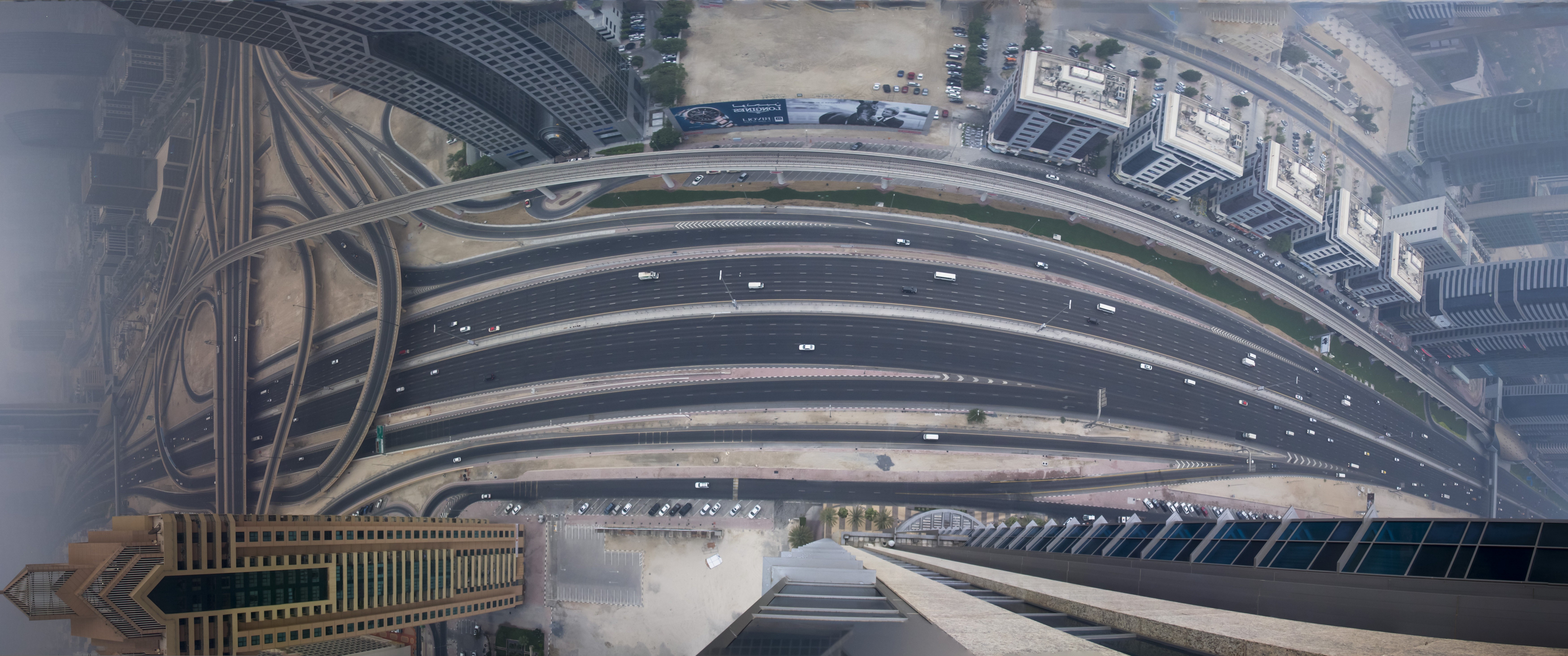Aerial View Panoramic Sphere City Urban Traffic Road Dubai 7000x2931