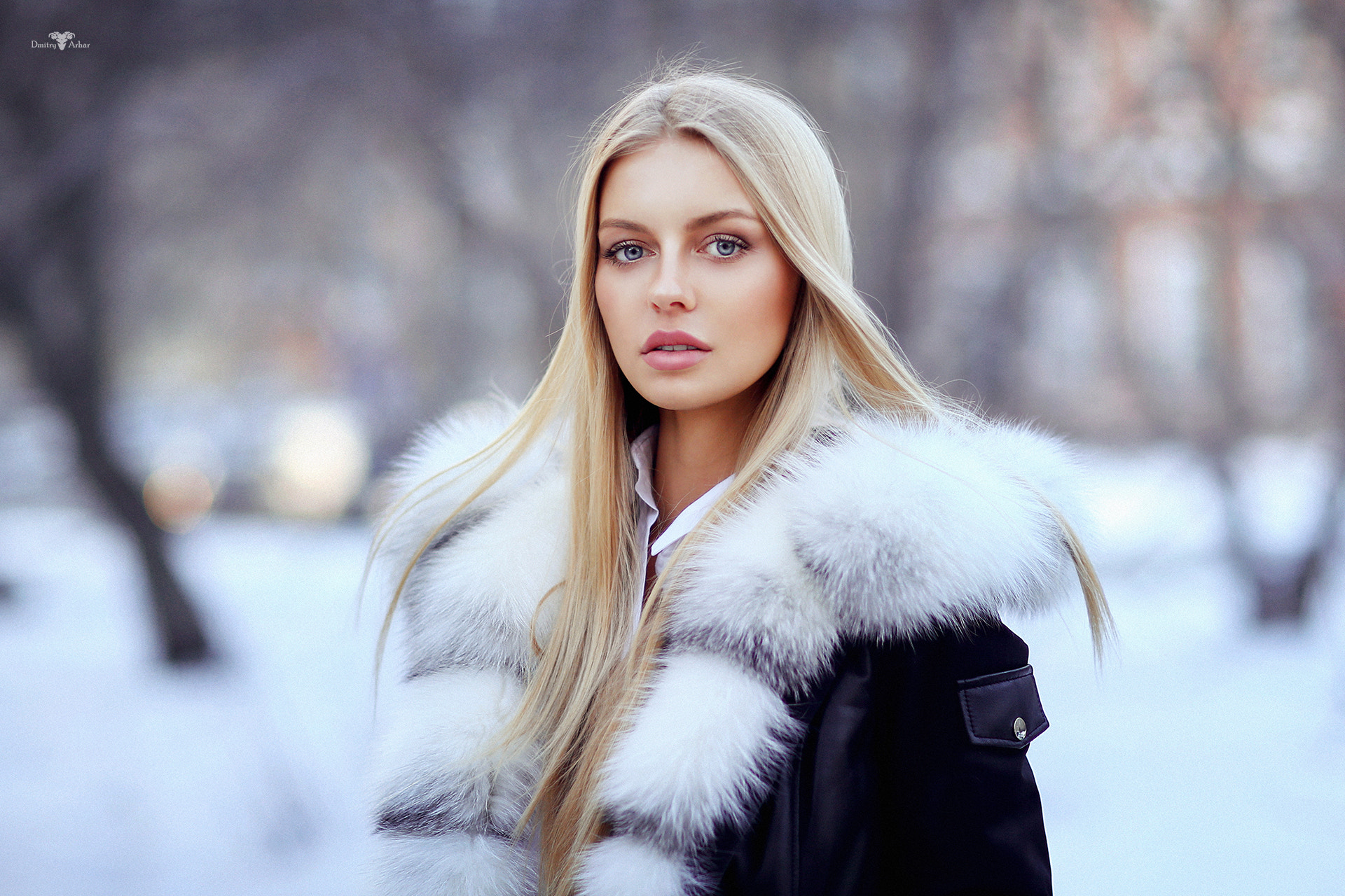 Women Blonde Face Fur Portrait Bokeh Long Hair Blue Eyes Women Outdoors Coats Dmitry Arhar Alena Loo 1920x1280