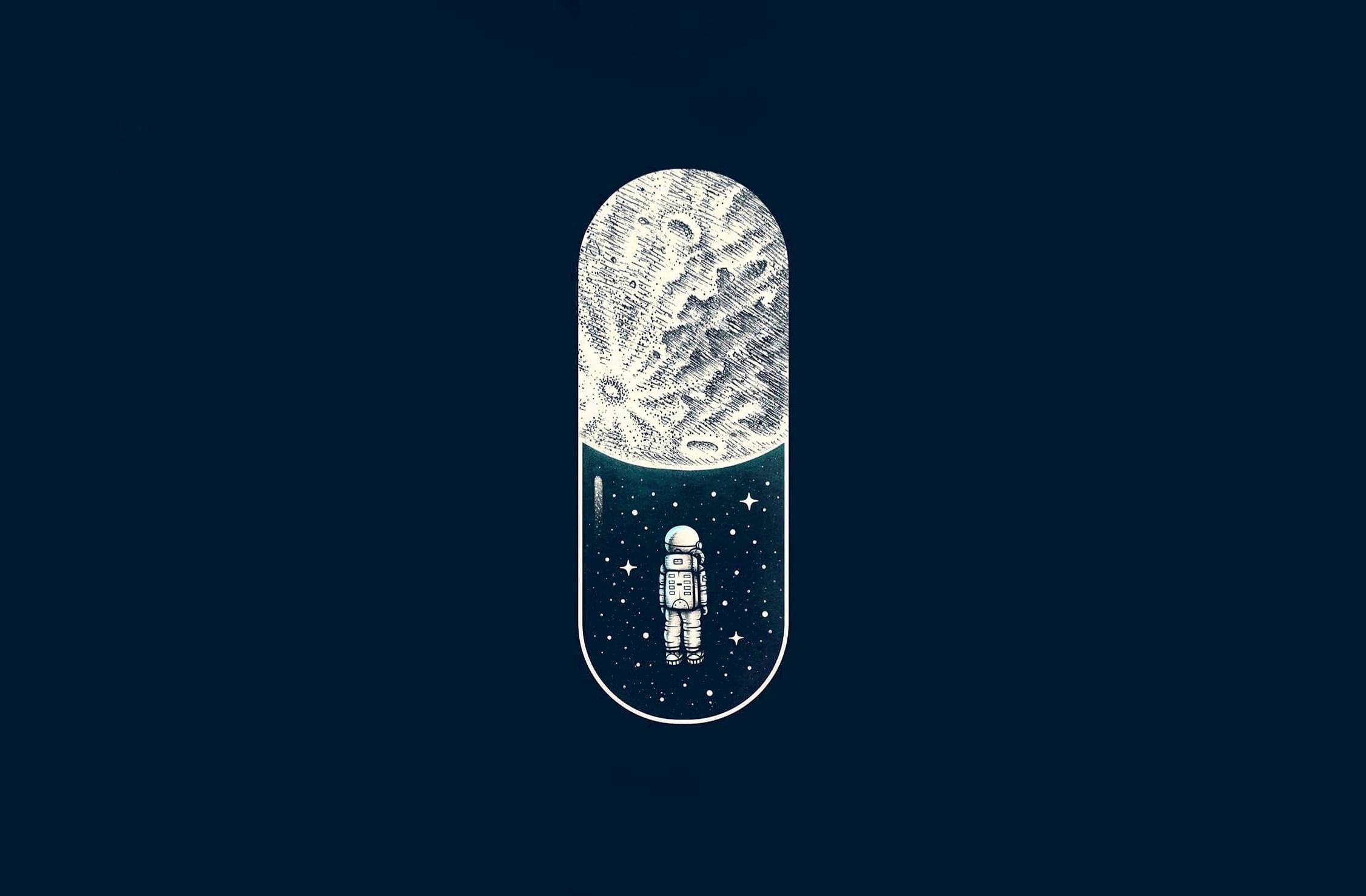 Space Capsule Artwork Moon Astronaut Illustration Stars Pills 2252x1477