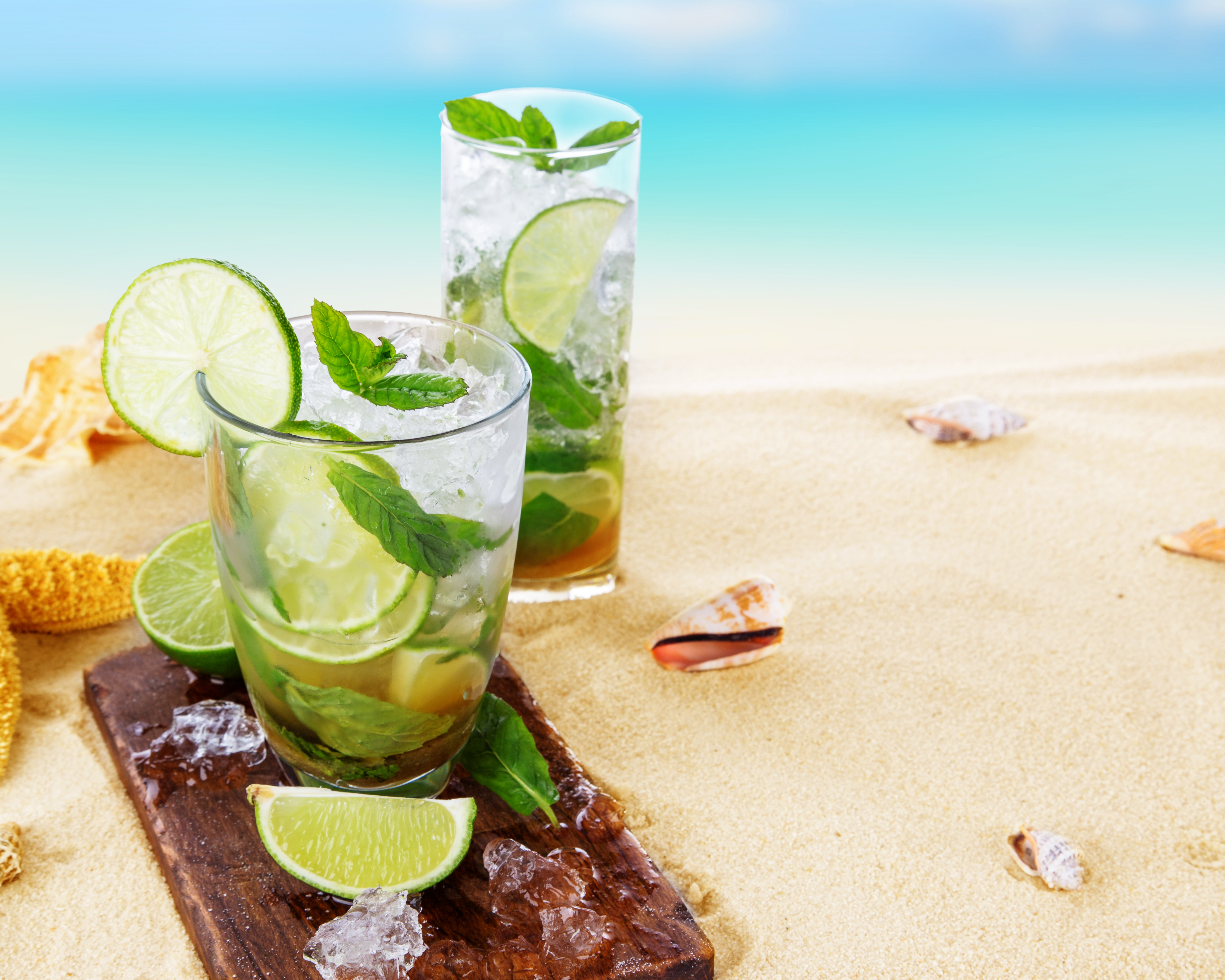 Cocktail Drink Mojito Lime Sand Shell Glass Ice Summer 4386x3509