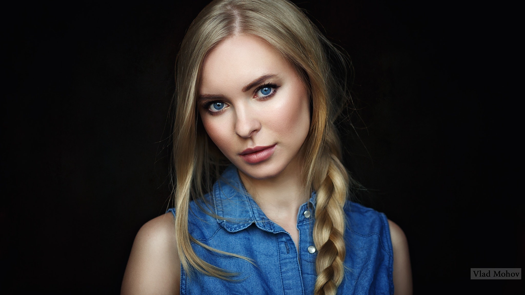 Women Blonde Black Background Portrait Face Blue Eyes Simple Background Vlad Mohov Victoria Pichkuro 2048x1152