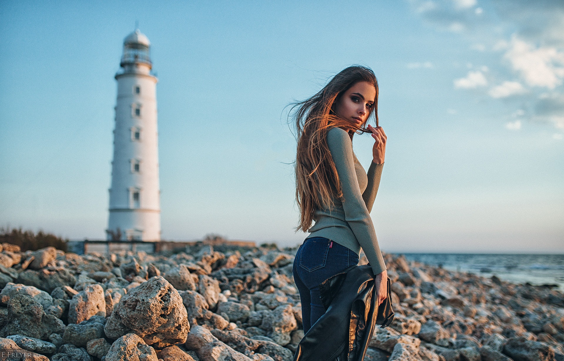 Evgeny Freyer 500px Lighthouse Women Outdoors Women Model Katya Leather Jackets Looking Back Black J 1920x1230