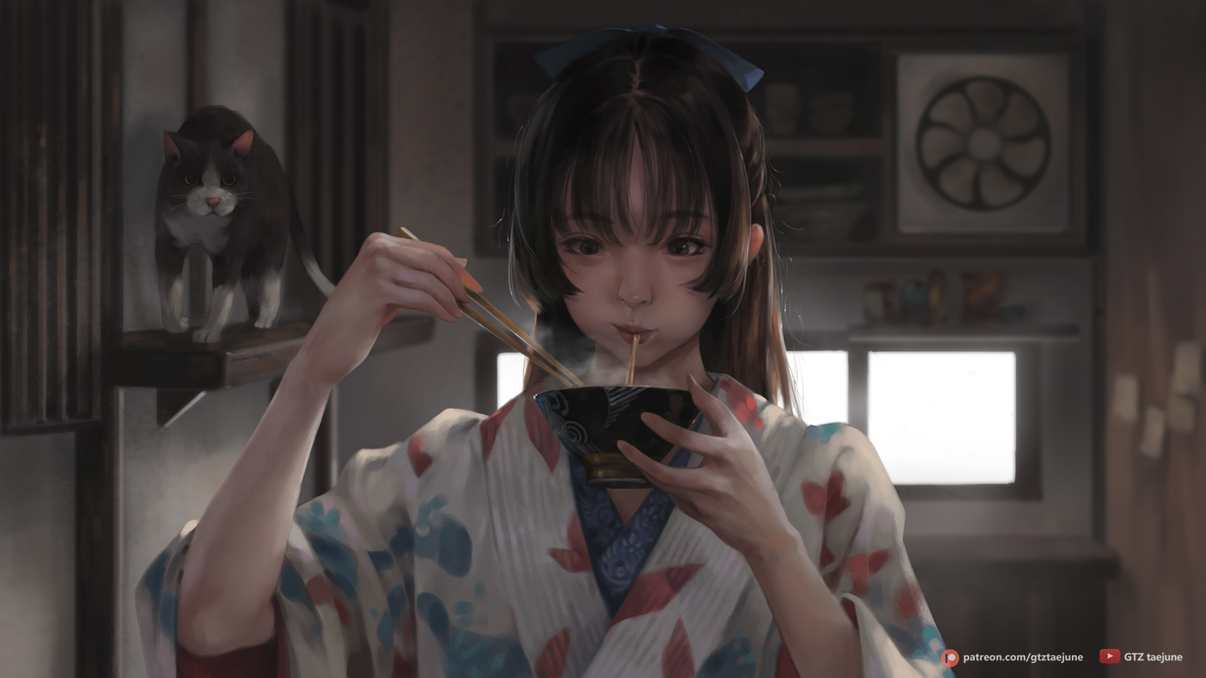 Anime Girls Original Characters Brunette Asian Eating Anime Girls Eating Indoors Cats Depth Of Field 1700x956