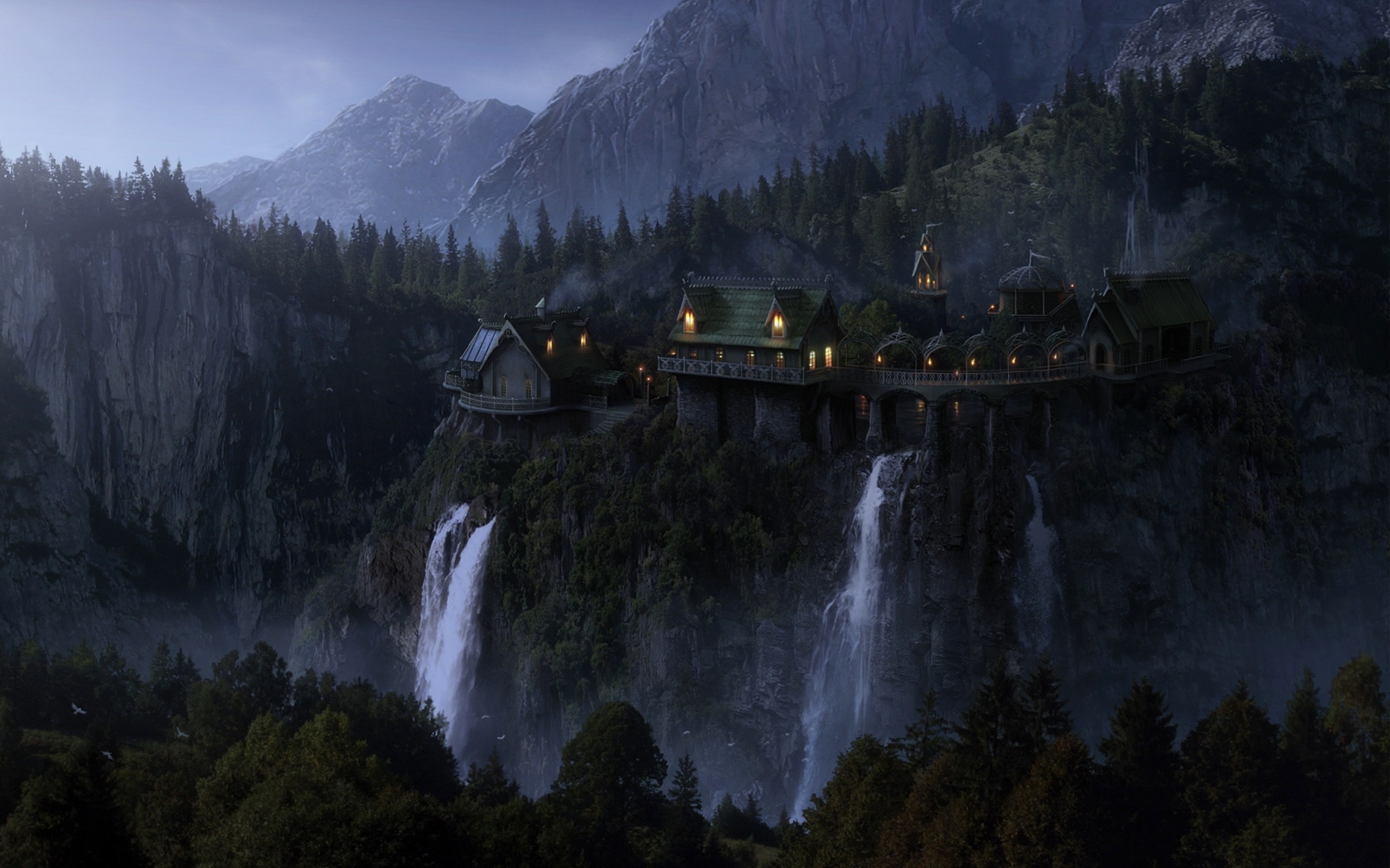 The Lord Of The Rings Rivendell Fantasy Art Waterfall Nature Landscape Mountains Artwork 2560x1600