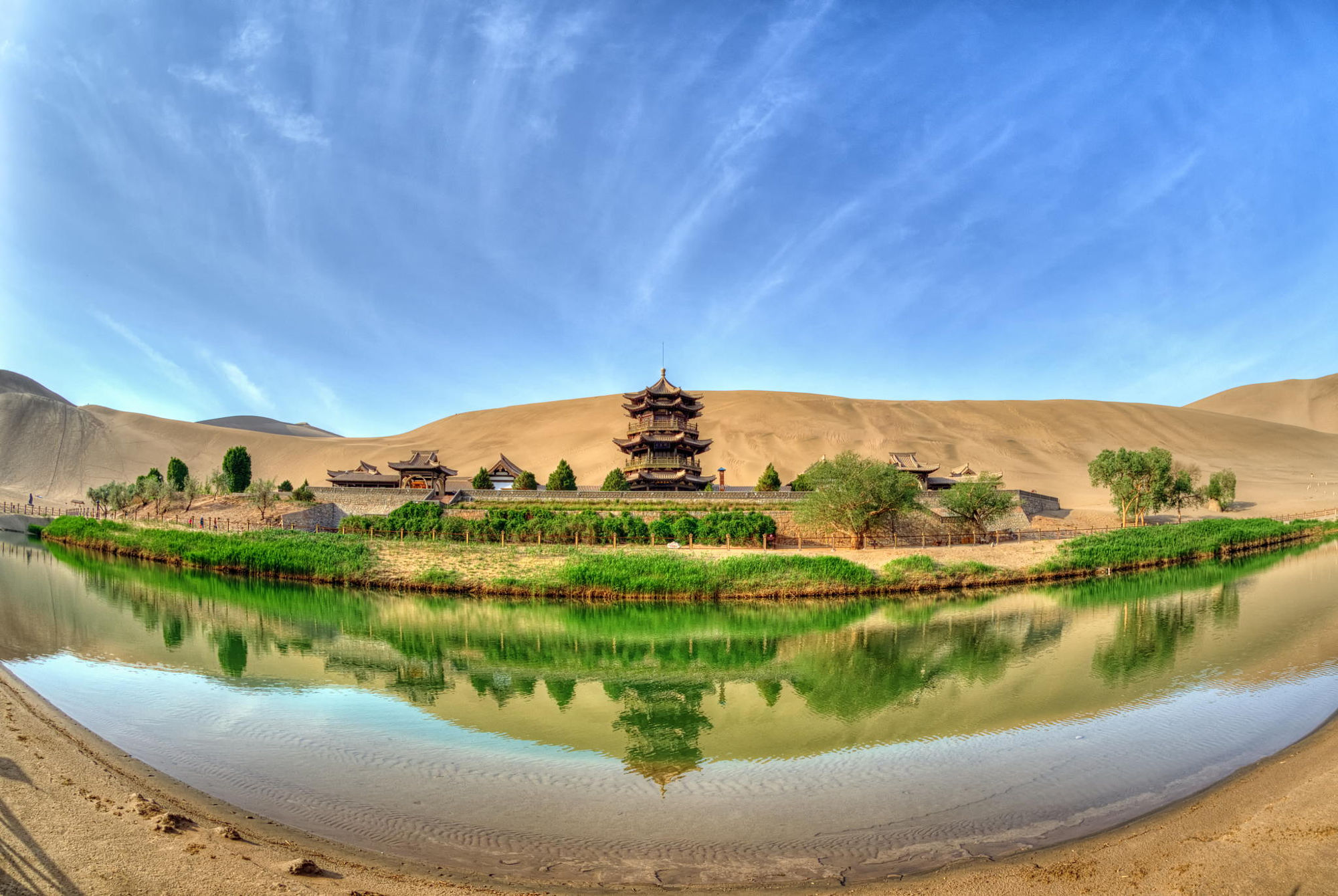 Nature Landscape Asian Architecture China Sand Desert Oasis Pagoda Trees Lake Fisheye Lens Reflectio 2000x1340